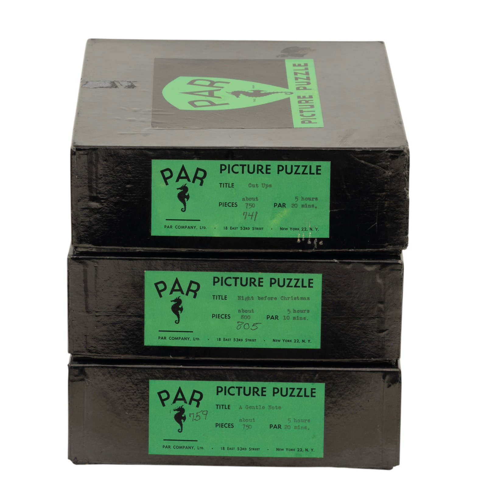 PAR Picture Puzzles (American, B. 1932) Hand-cut Artisanal Wooden Jigsaw Puzzles 20th Century, 'A: PAR Picture Puzzles (American, B. 1932) Hand-cut Artisanal Wooden Jigsaw Puzzles 20th Century, 'A Gentle Note; Cut Ups; Night Before Christmas', H 8.5" W 11" 3 PCS Each contained in their original car