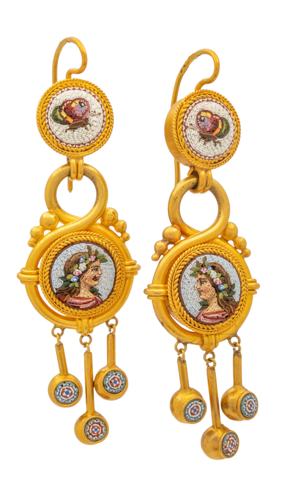 Roma Micro Mosaic and High Karat Yellow Gold Earrings 1920, L 2.2" 18 grams 1 PAIR (1 of 8)