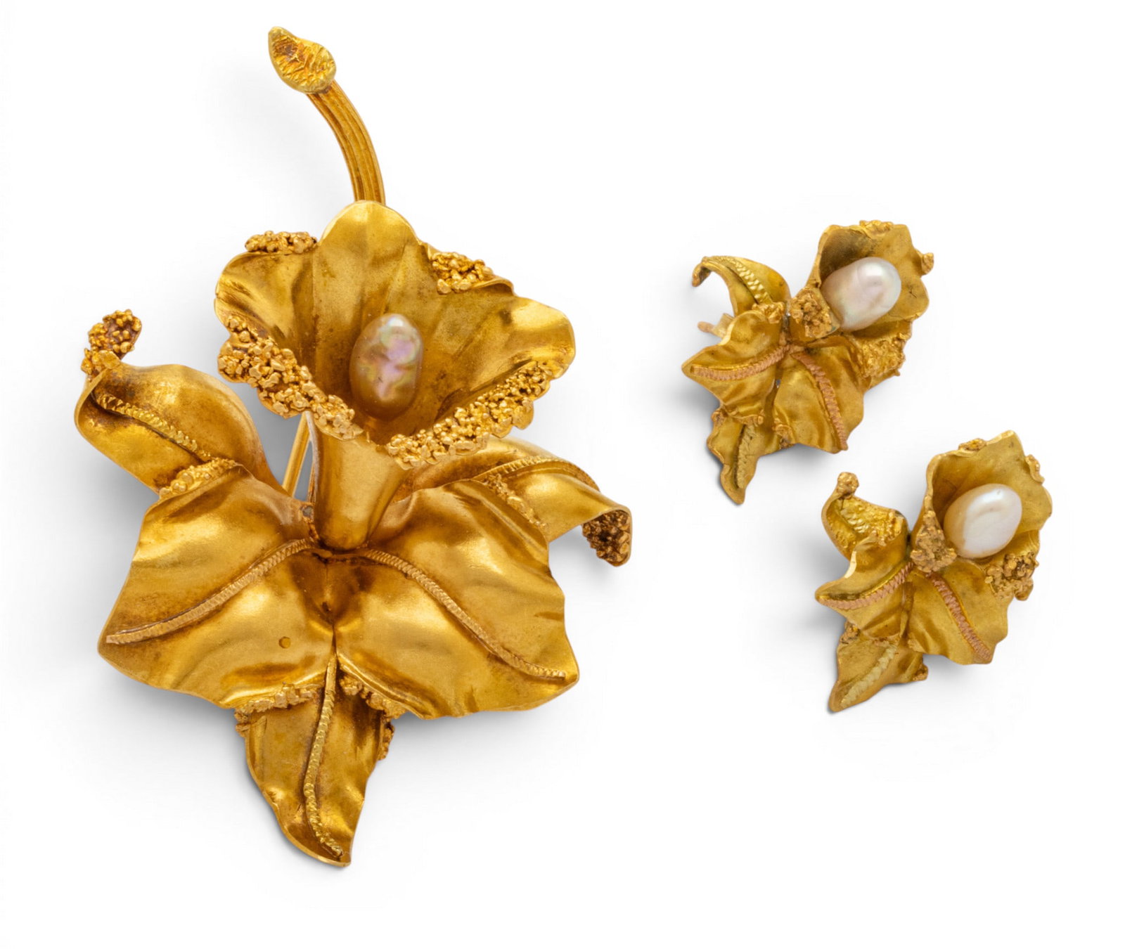 18K Gold Lily Brooch and Earrings 1960, L 2.2" 20.8 grams 3 PCS (1 of 7)