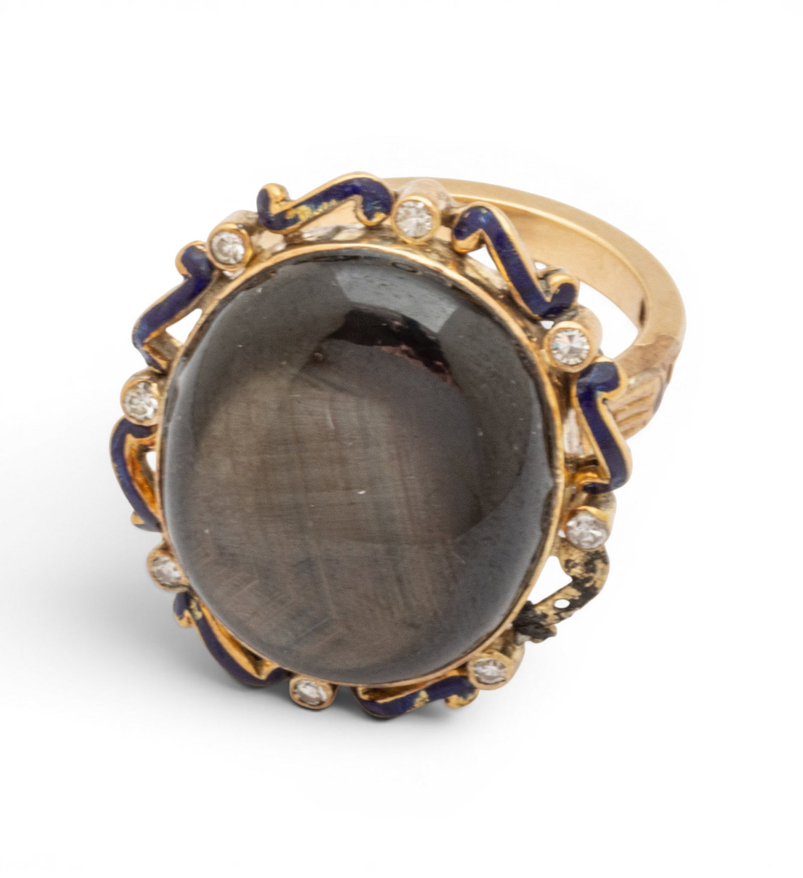 14k Yellow Gold and Black Star Sapphire Ring with Blue Enamel, Diamonds, Adjustable Size 1940, Size: 14k Yellow Gold and Black Star Sapphire Ring with Blue Enamel, Diamonds, Adjustable Size 1940, Size 7 17.2 grams 1 PC Shank is hinged with "Superfit". 10 enhancement diamonds and cobalt blue enamel. S