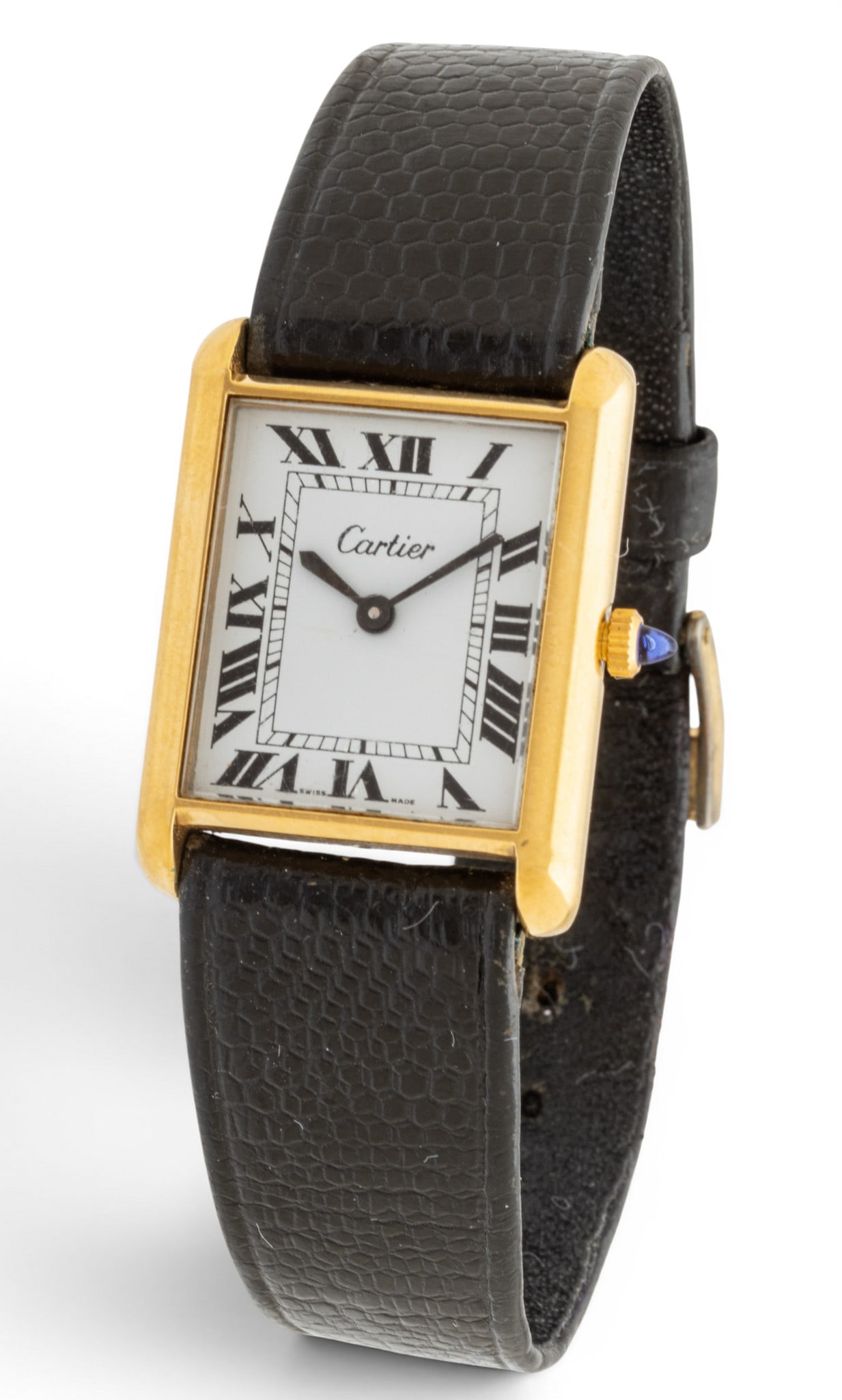 Cartier (French) Must De Cartier Gold Plated Gentleman's Tank Watch H 30mm W 23mm: Cartier (French) Must De Cartier Gold Plated Gentleman's Tank Watch H 30mm W 23mm Gold plated case. Manual Winding. White dial with Roman numerals. Black leather strap (original) with gold plated orig