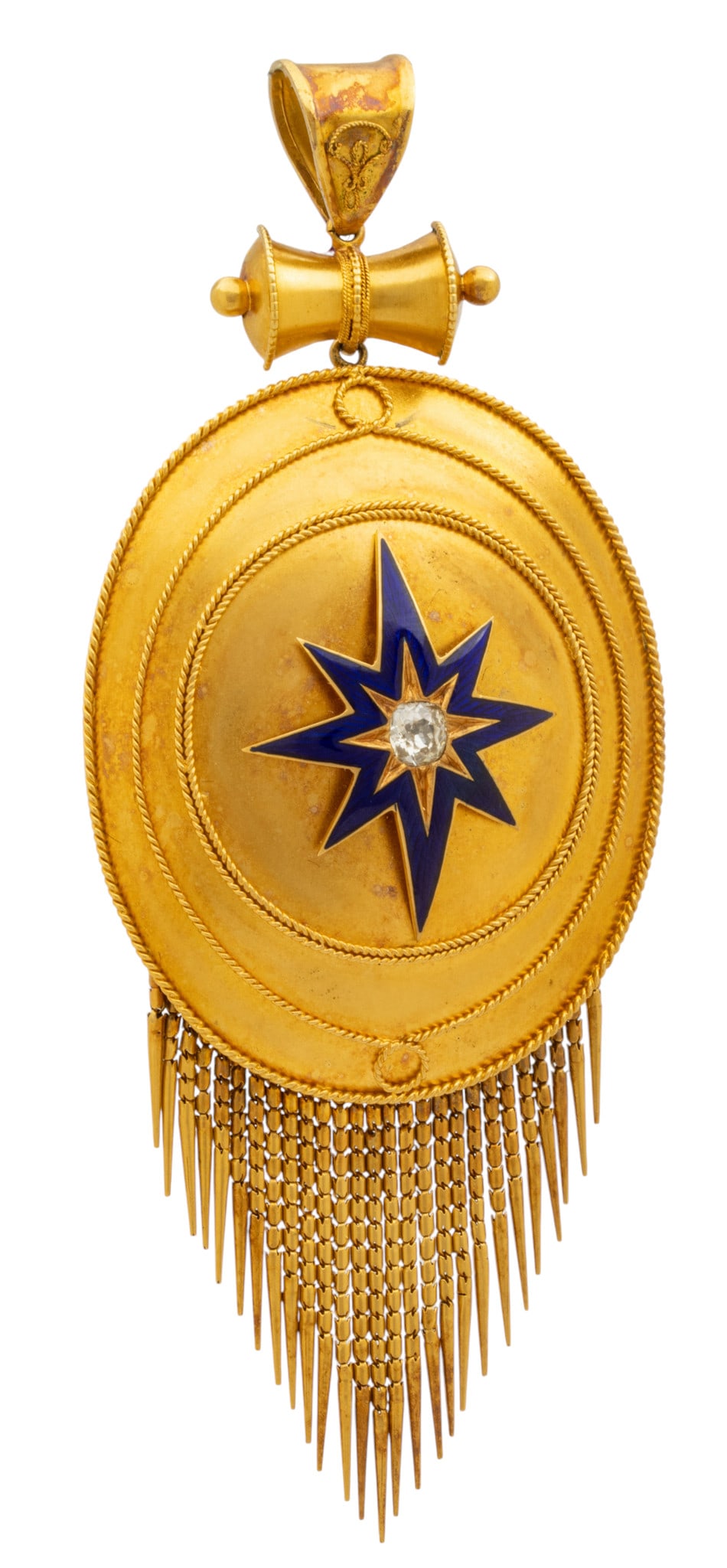 London 18K Gold Pendant Locket, Inset Diamond and Enamel 1880, H 3.5" W 1.5" 25 grams 1 PC: London 18K Gold Pendant Locket, Inset Diamond and Enamel 1880, H 3.5" W 1.5" 25 grams 1 PC Oval portrait locket with tassels at base. Center star form with cobalt blue enamel and bezel set diamond (.2