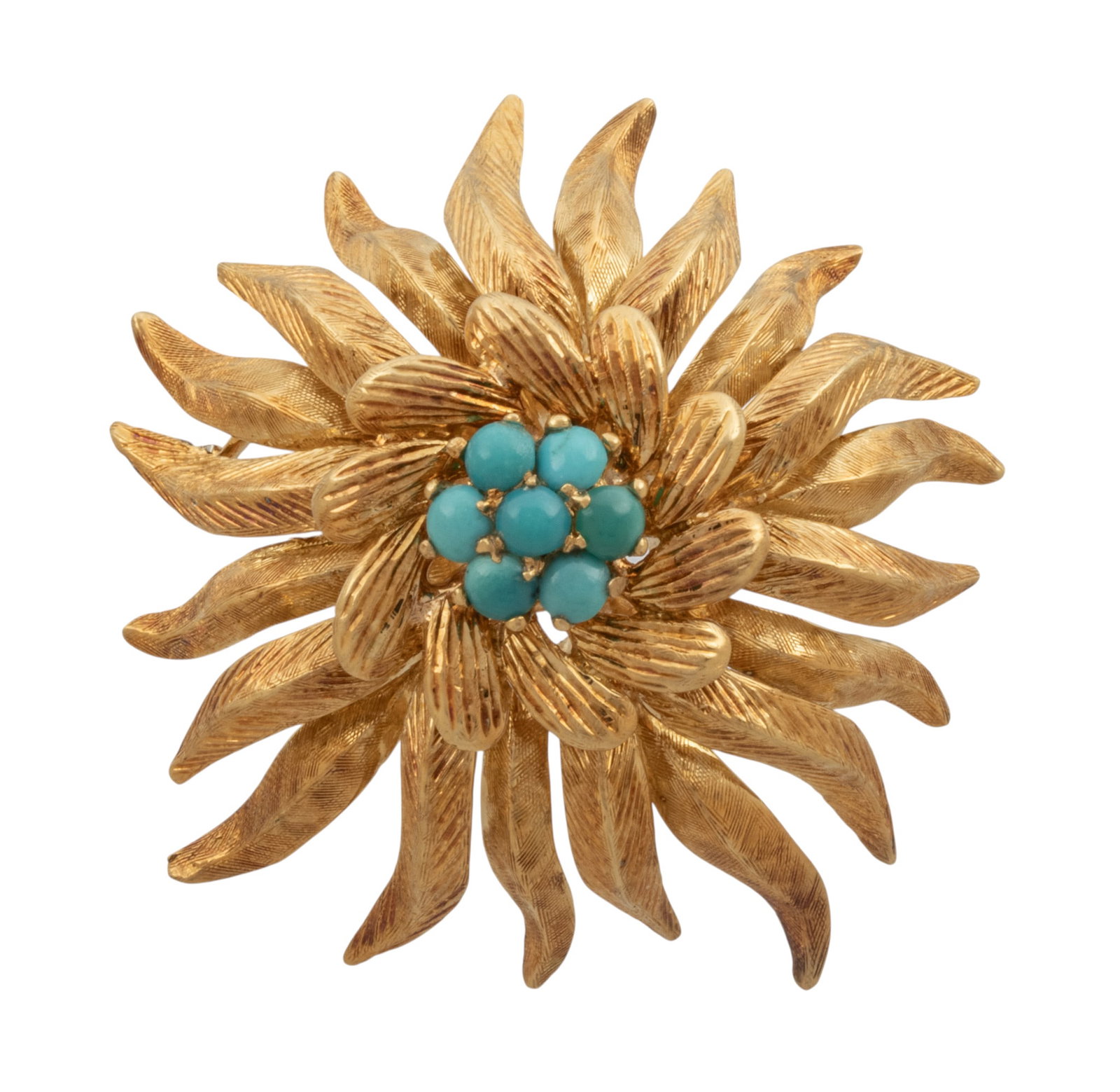 Italy 18K Gold Brooch with Turquoise 1960, Dia. 1.5" 17.1 grams 1 PC: Italy 18K Gold Brooch with Turquoise 1960, Dia. 1.5" 17.1 grams 1 PC Seven turquoise beads. Impressed Italy and 18K. Provenance: Property from a Bloomfield Hills, MI private collector. Dimensions: Dia