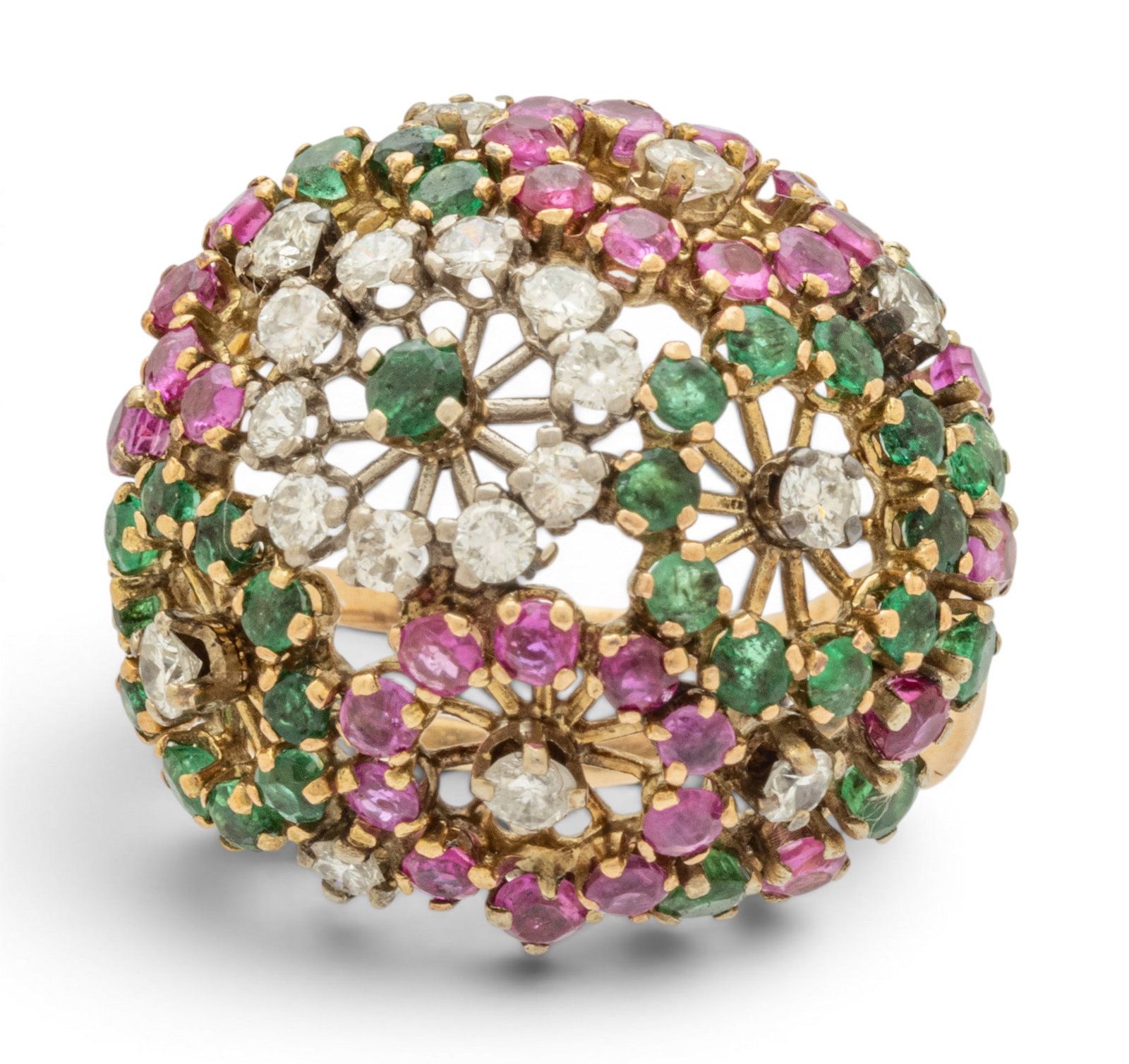 14K Diamond, Emerald, Sapphire Gold Dome Ring, Size 7 1/2 11.2 grams 1 PC: 14K Diamond, Emerald, Sapphire Gold Dome Ring, Size 7 1/2 11.2 grams 1 PC 19 full cut diamonds, prong set. Hand cut and prong set pink sapphires and emeralds. Impressed 14K. Provenance: Property