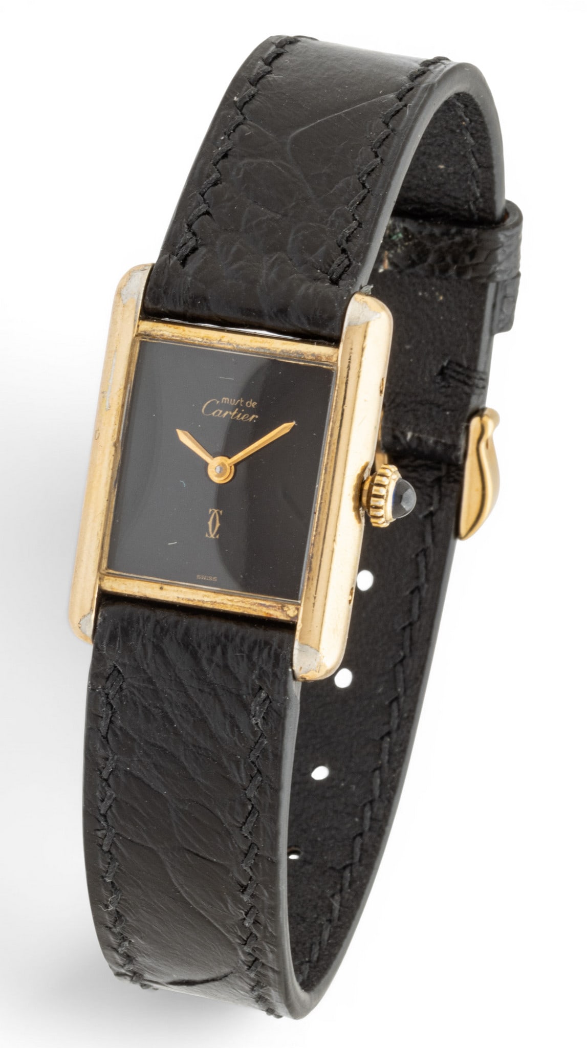 Cartier (French) Must De Cartier Yellow Gold Plated Ladies Tank Watch H 22mm W 20mm: Cartier (French) Must De Cartier Yellow Gold Plated Ladies Tank Watch H 22mm W 20mm Yellow gold plated rectangular case. Manual wind. Original strap. Original box. Black dial with gold hour and minute