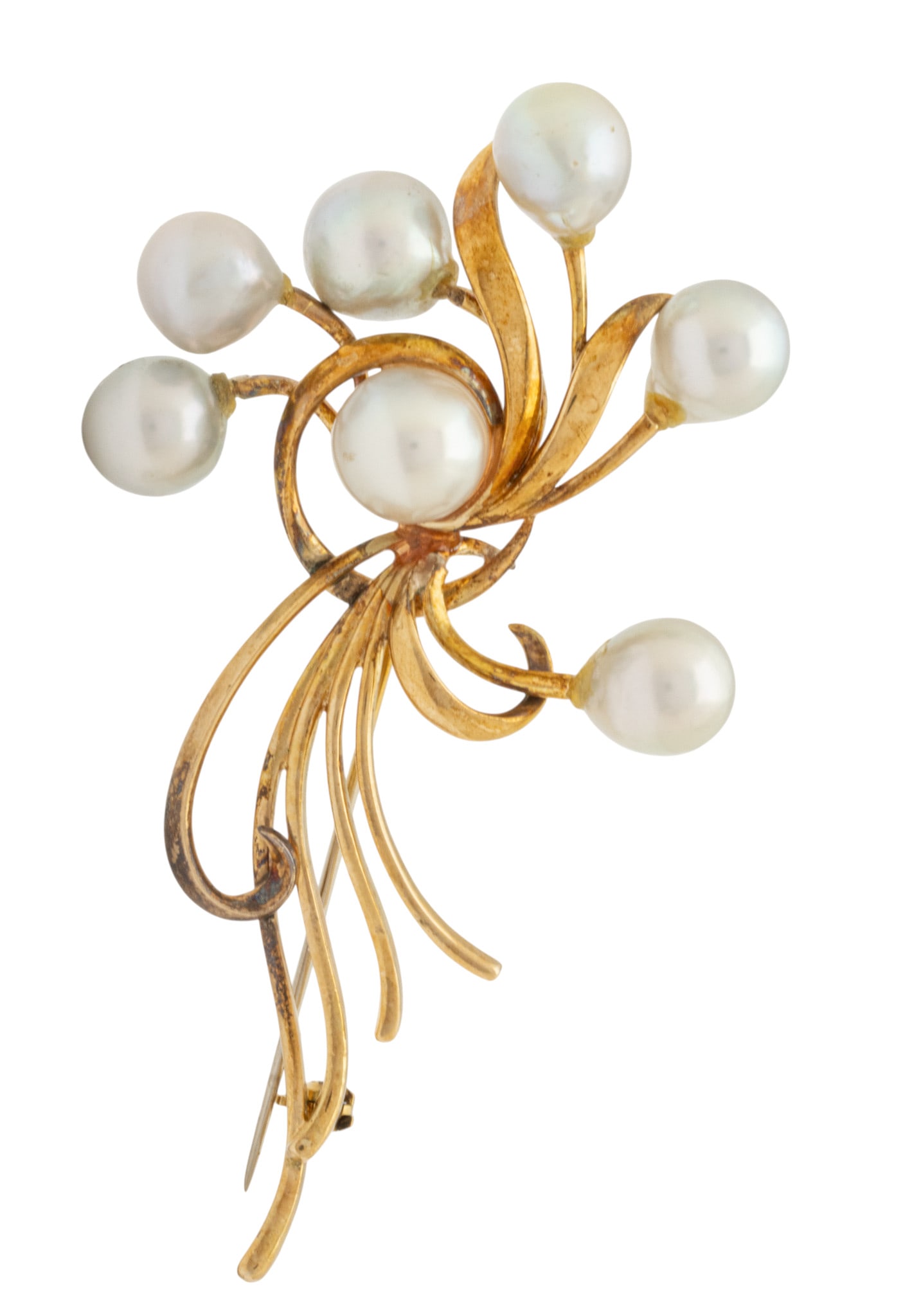 Mikimoto Pearl and 14K Gold Brooch H 3" W 1.7" 17 grams 1 PC: Mikimoto Pearl and 14K Gold Brooch H 3" W 1.7" 17 grams 1 PC Seven round akoya pearls 9 - 9.5mm in freeform pin. Mikimoto trademark. Appraisal from Sundance Jewelers, East Lansing. Dimensions: H 3" W 