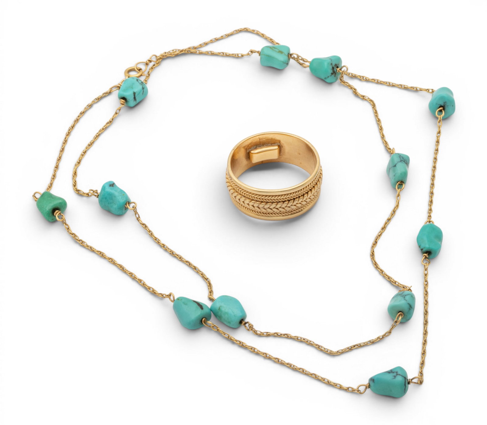 14kt Yellow Gold Band with a 14kt Yellow Gold and Turquoise Necklace, 2 PCS (1 of 8)