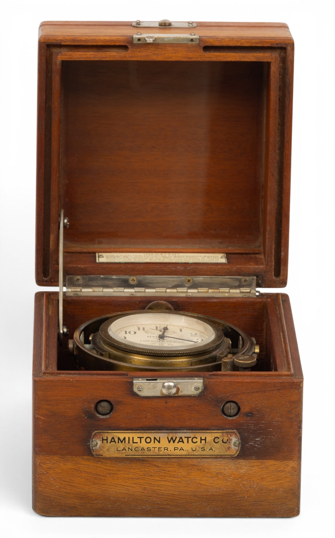 Hamilton Watch Co. (Lancaster, PA) Model 22 Mounted Naval Chronometer, 1943, SN: 2F25184, H 6" W 6" (1 of 11)