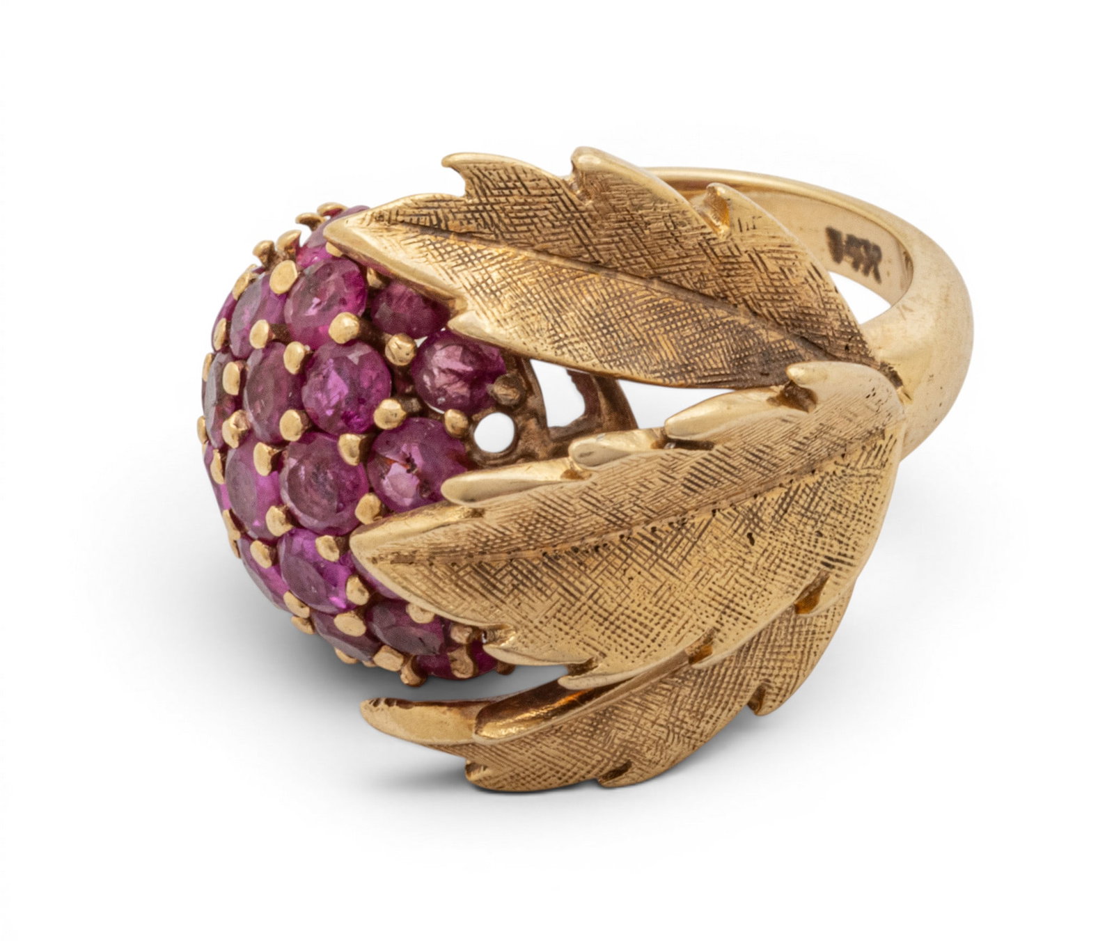 Ruby and 14K Yellow Gold Ring, Size 5 3/4 1960, 13 grams 1 PC: Ruby and 14K Yellow Gold Ring, Size 5 3/4 1960, 13 grams 1 PC Cluster of approximately 23 full cut and prong set rubies. Three leaves overlay one side of rubies. Impressed 14K. Provenance: Prope