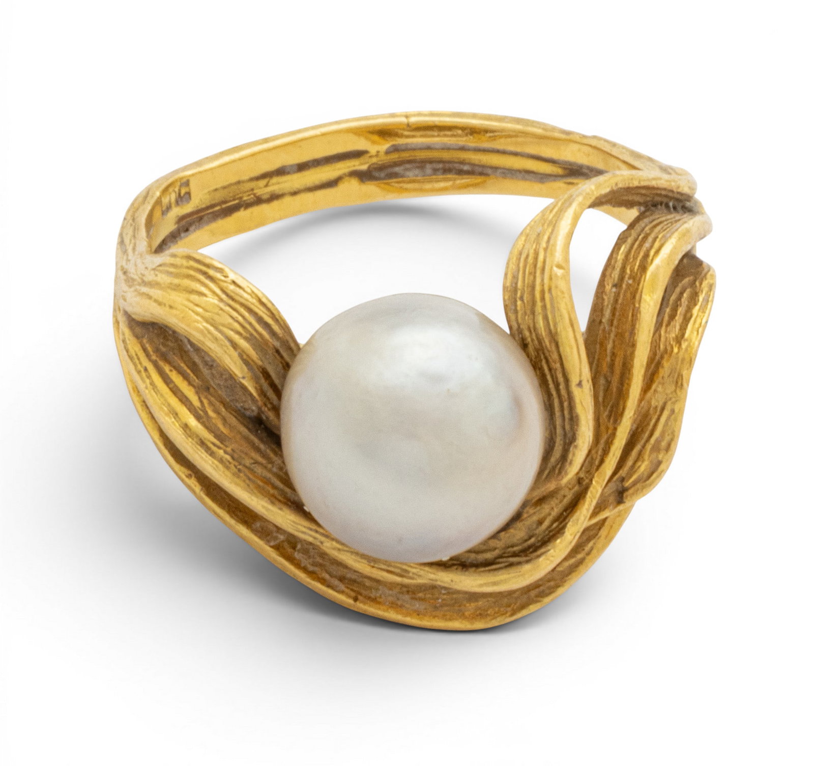 18k Gold and Pearl Ring, Size 5 3/4 1950, 9 grams 1 PC: 18k Gold and Pearl Ring, Size 5 3/4 1950, 9 grams 1 PC 4mm grey pearl in openwork swirl setting. Impressed 750. Provenance: Property from the estate collection of June Pertner, jewelry and decor