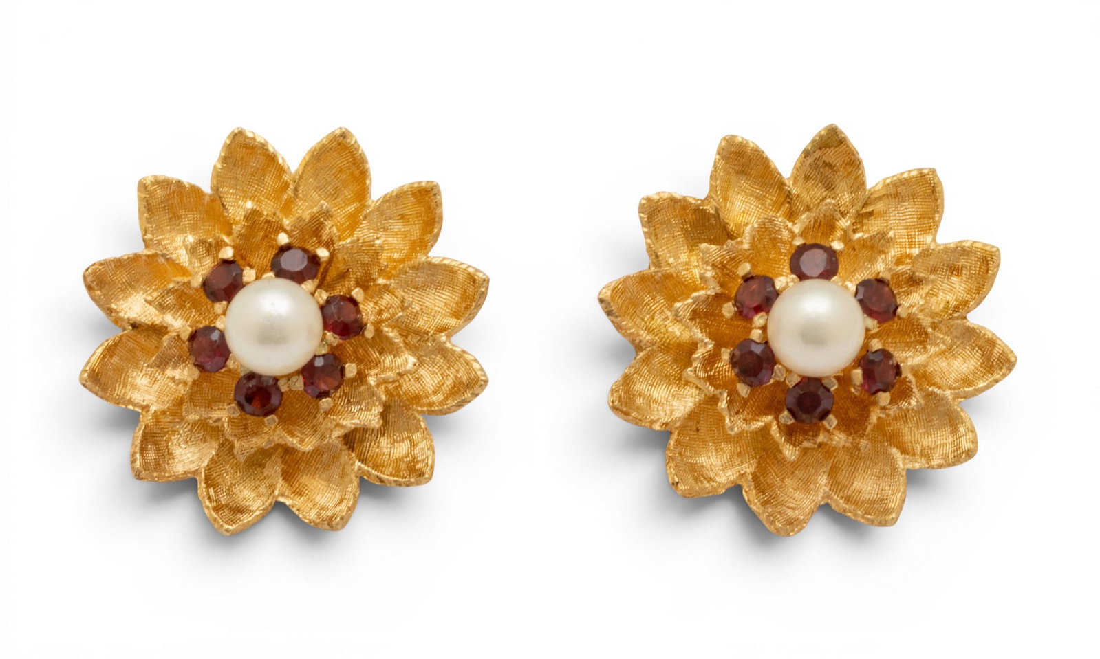 14k Gold, Pearl, and Ruby Flower Form Earrings 1960, 13 grams 1 PAIR: 14k Gold, Pearl, and Ruby Flower Form Earrings 1960, 13 grams 1 PAIR Center pearl surrounded by 6 prong set rubies. Impressed 14K. Provenance: Property of a Northville, MI private collector. Dim