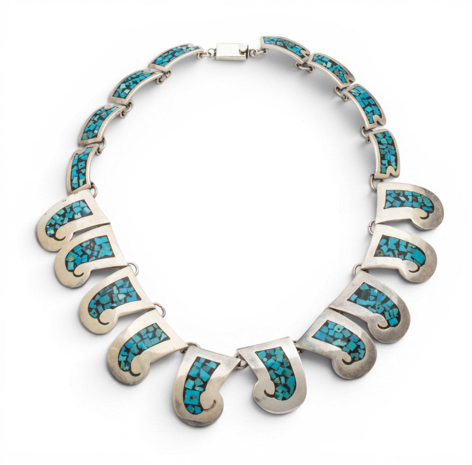 Taxco Mexico Turquoise Inlay Sterling Silver Necklace 1960, L 16" 114 grams 1 PC: Taxco Mexico Turquoise Inlay Sterling Silver Necklace 1960, L 16" 114 grams 1 PC Fine inlay work. Impressed 925 Mexico. Provenance: Property from a Traverse City, MI private collector Dimensions