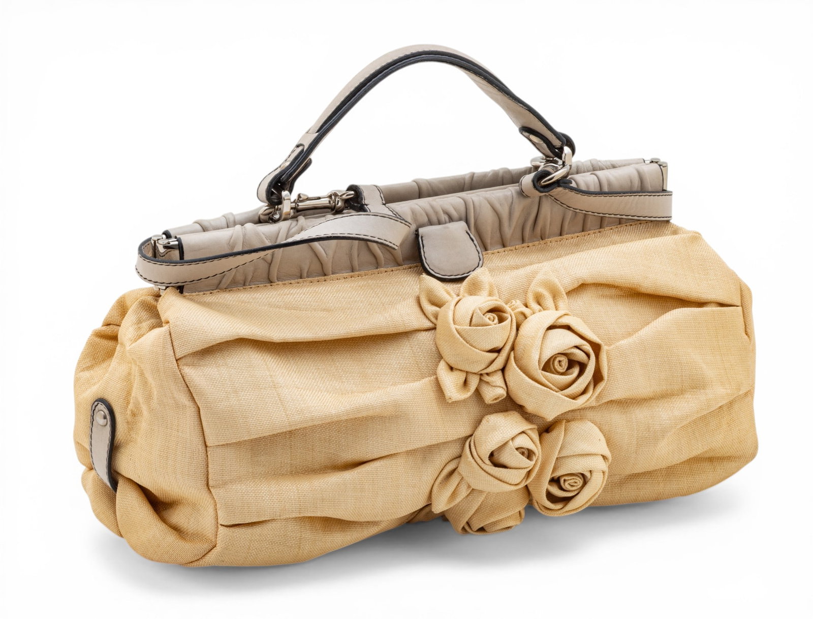 Valentino (Co.) (Italian) Raffia Jardin Rose Top Handle Bag H 10.75" W 15.5" Depth 5.5": Valentino (Co.) (Italian) Raffia Jardin Rose Top Handle Bag H 10.75" W 15.5" Depth 5.5" Having leather upper frame, with Jardin Roses applied to front and Valentino Garavani label on verso. Dimensions