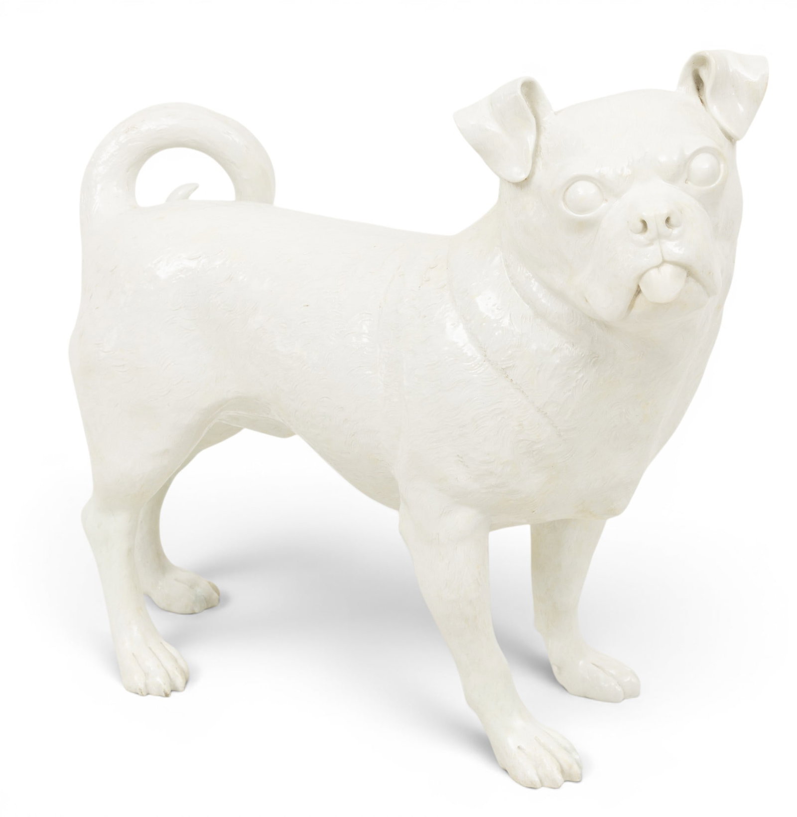 Royal Worcester (English) Porcelain Pug Dog Mid 19th C., H 14.5" W 6" Depth 16": Royal Worcester (English) Porcelain Pug Dog Mid 19th C., H 14.5" W 6" Depth 16" Of white glaze, depicting standing dog with curled tail, upraised ears folded in half, facing frontally. Incised factory