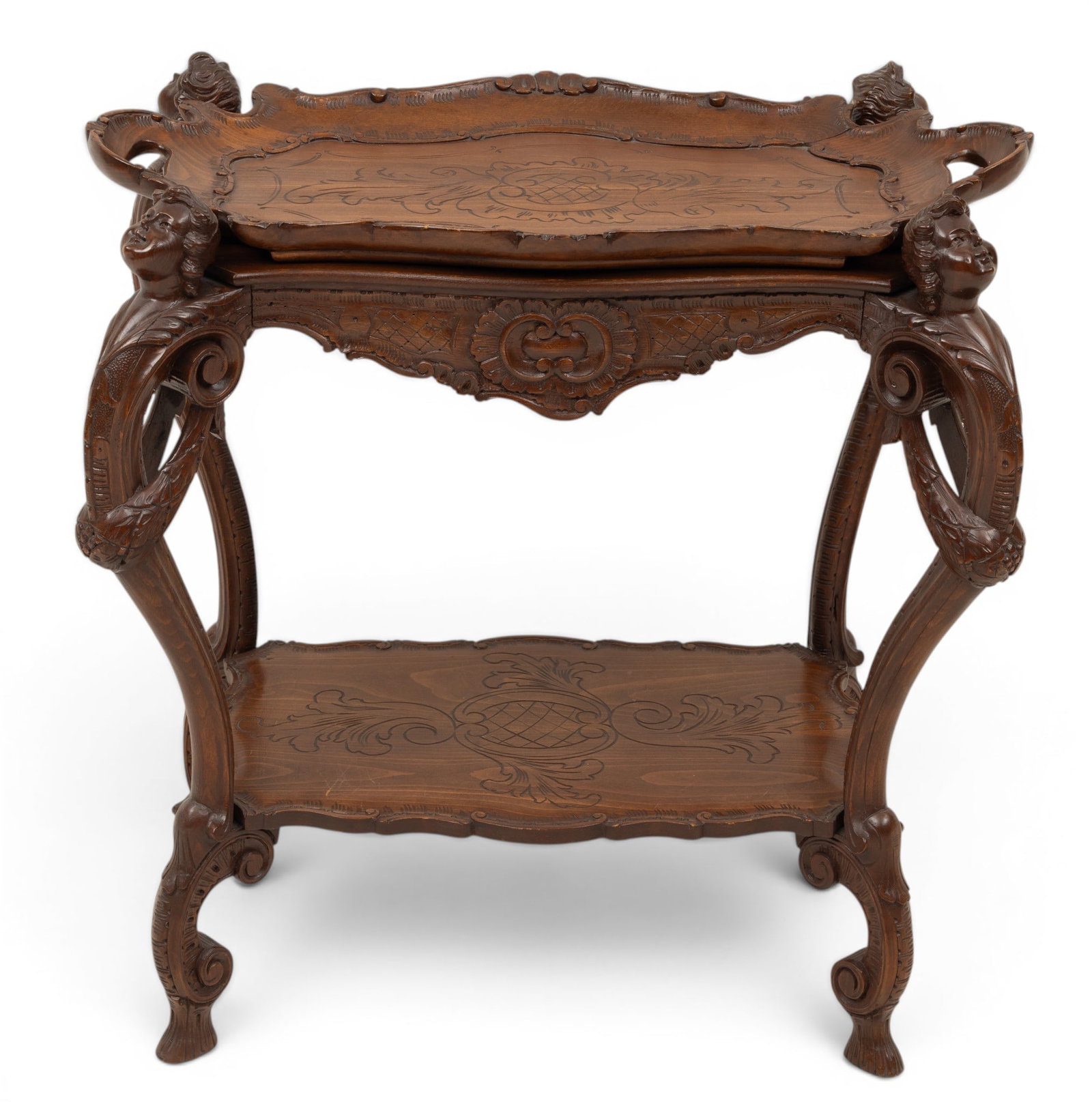 Venetian, Italy Walnut Heavily Carved Tray Table 1900, H 30" W 16" L 29" 2 PCS (1 of 7)
