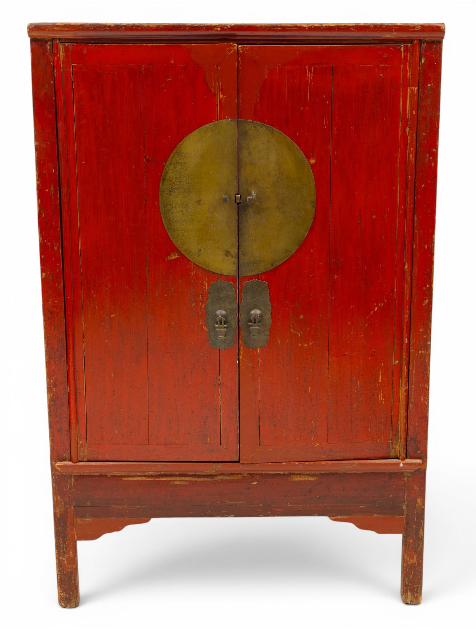 Chinese Red Lacquered Wood Wedding Cabinet, Ca. 19th C., H 68" W 43" Depth 23" (1 of 6)
