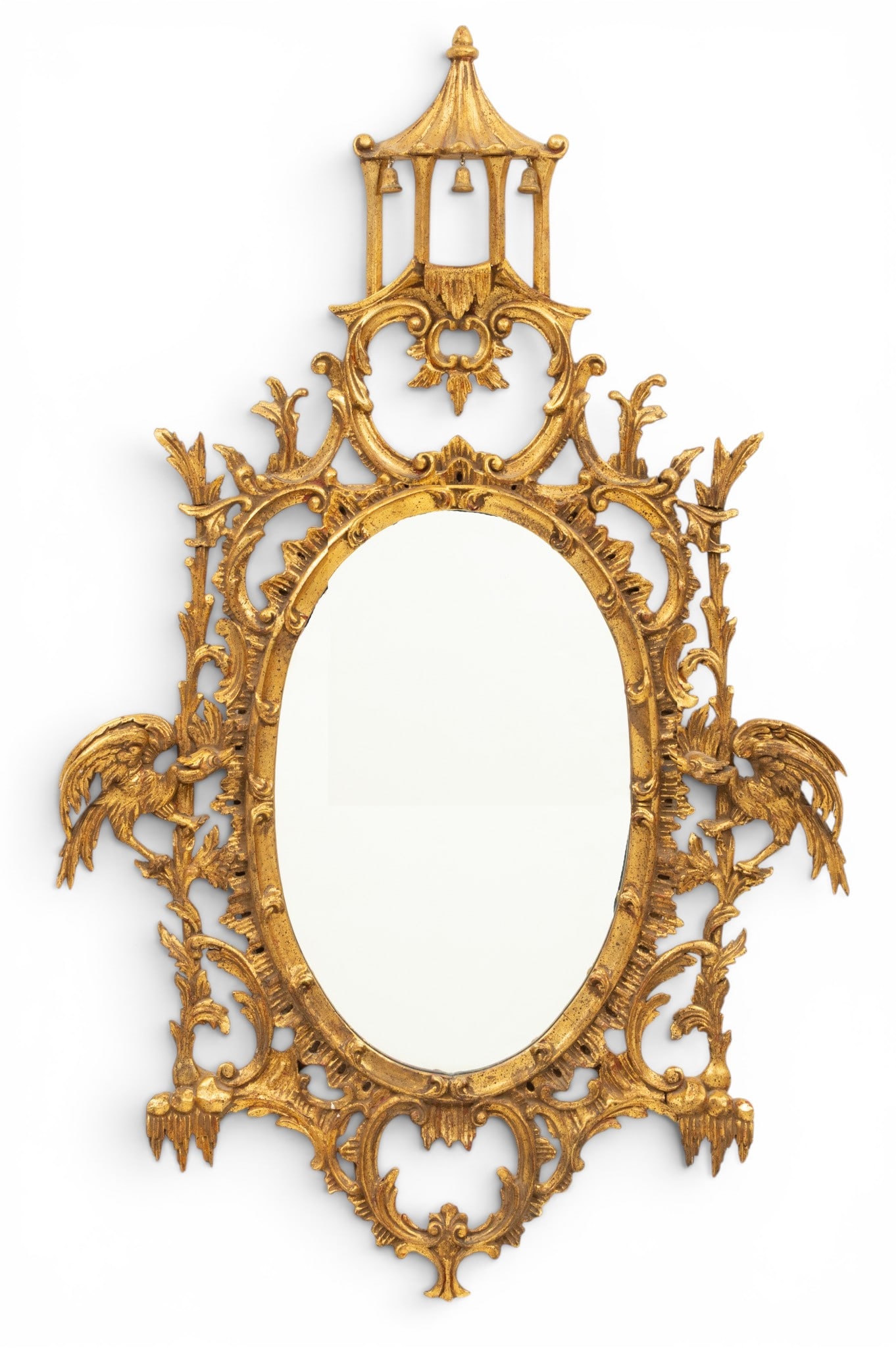 Gilt Oval Wall Mirror, Birds and Pagoda in Relief 1960, H 53" W 34" 1 PC (1 of 3)