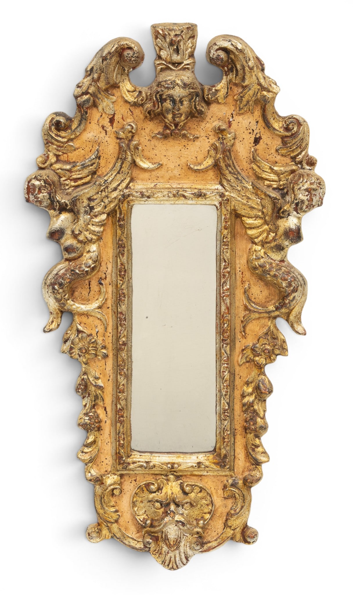 Italian Gilt Carved Wood and Painted Mirror 1900, H 23" W 13" (1 of 3)