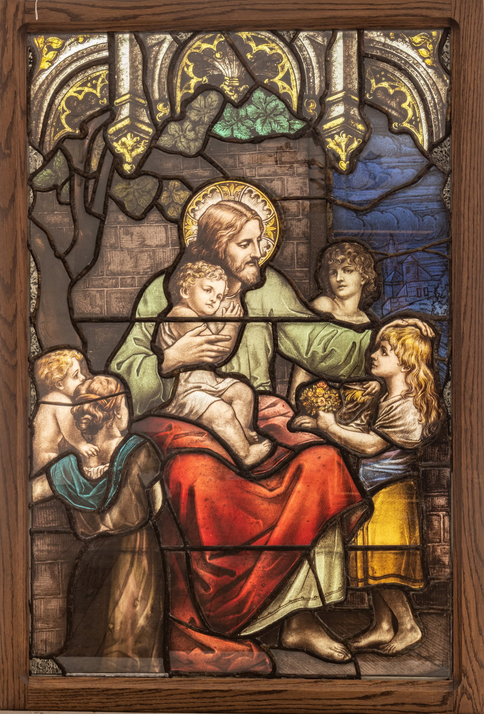 Leaded Stained Glass Window 'Jesus with Children', H 41" W 28" (1 of 8)
