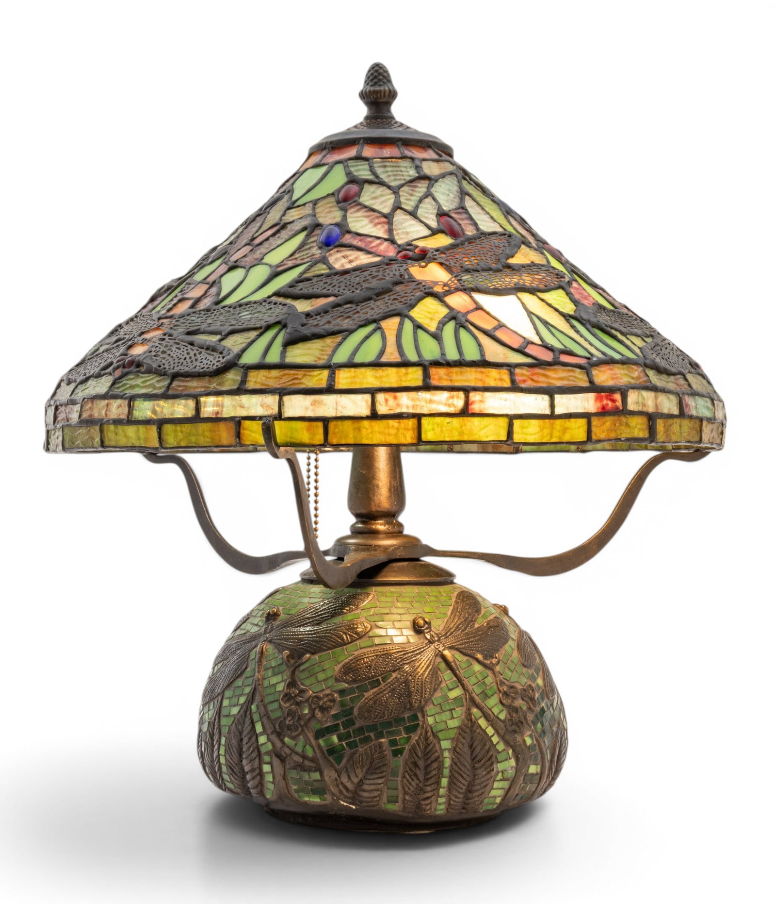 Tiffany Style Art Glass, Mosaic Tile, and Bronze Dragonfly Lamp 20th C., H 27.5" Dia. 16": Tiffany Style Art Glass, Mosaic Tile, and Bronze Dragonfly Lamp 20th C., H 27.5" Dia. 16" Shade having a green ground with art glass in the style of Tiffany's dragonfly shades. On a bronze and glass t