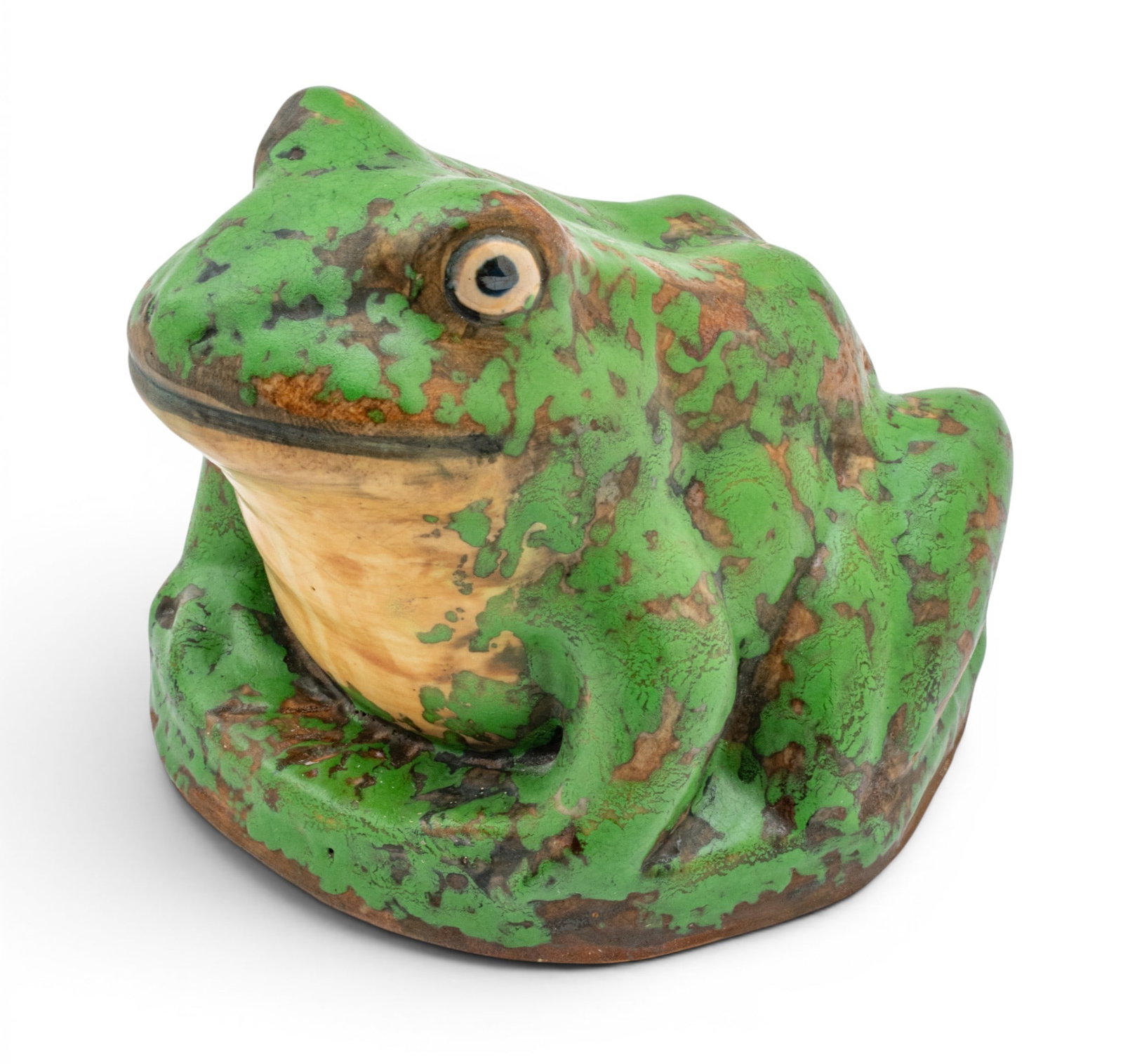 Weller Pottery (Ohio) Coppertone Frog Figure, Ca. 1925-35, H 5.5" W 5.75" L 7": Weller Pottery (Ohio) Coppertone Frog Figure, Ca. 1925-35, H 5.5" W 5.75" L 7" Weller Pottery half kiln ink stamp to the underside. Seated pottery frog with mottled green and brown glaze. Provenance: 