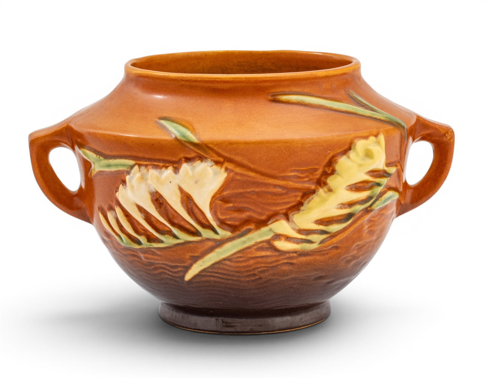 Roseville Pottery Company (Ohio) Freesia Tangerine Double Handled Rose Bowl, 463-5, Ca. 1950, H (1 of 7)
