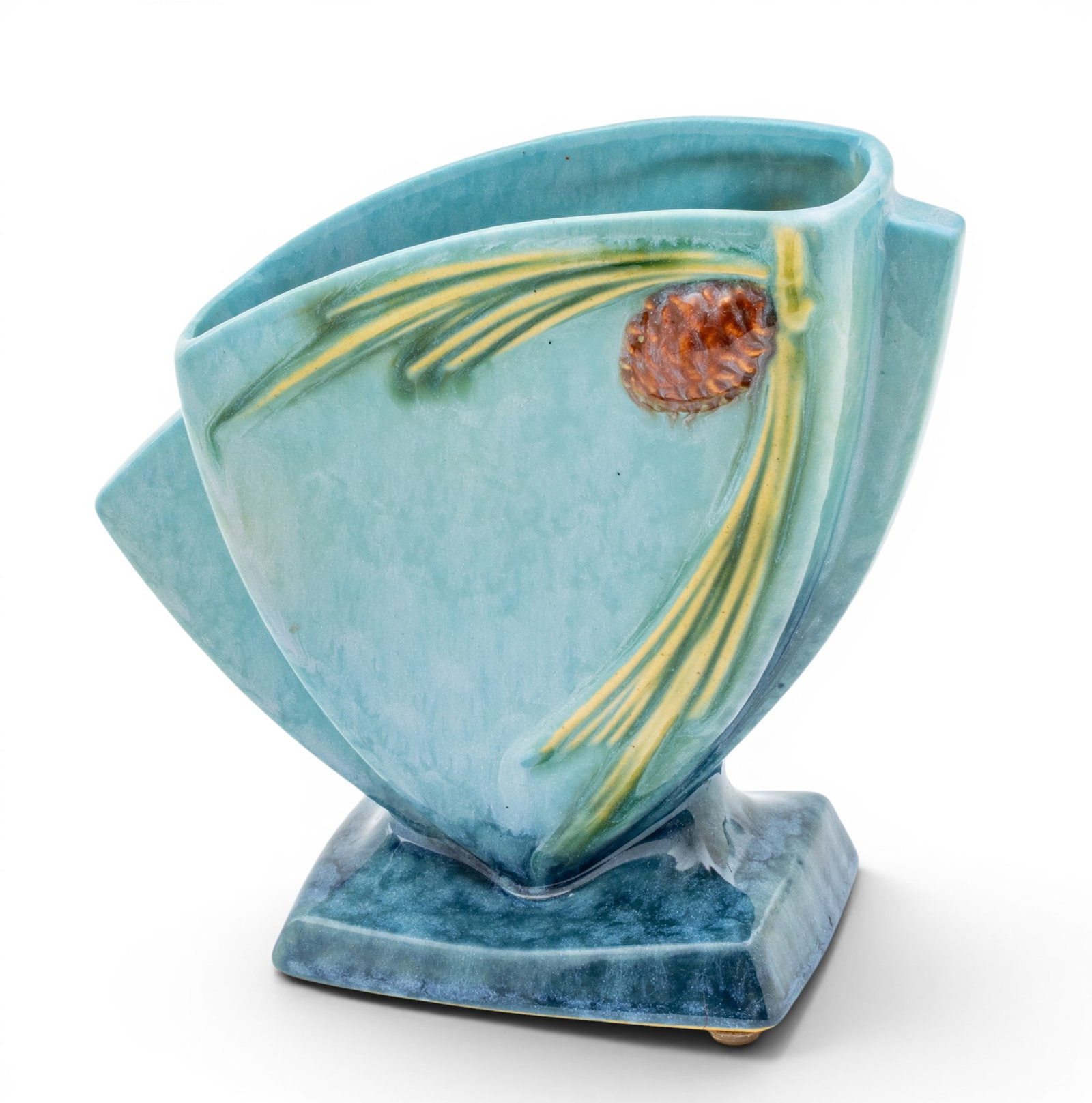 Roseville Pottery Company (Ohio) Turquoise Wincraft Pine Cone Vase, 272-6, Ca. 1950-60, H 6.25" W: Roseville Pottery Company (Ohio) Turquoise Wincraft Pine Cone Vase, 272-6, Ca. 1950-60, H 6.25" W 6.5" Depth 3" Marked on the underside Roseville U.S.A. 272-6. Glossy turquoise glaze ground with raise