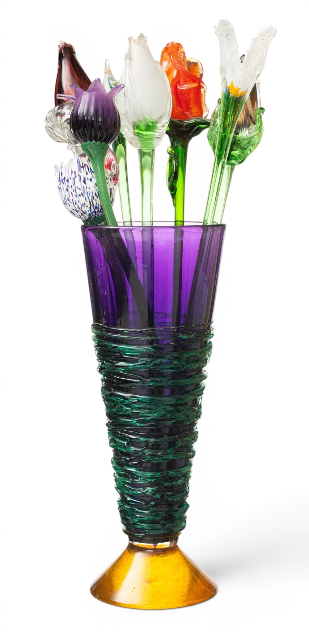 Glass Flower Vase with Glass Flowers H 15" W 6" 1 PC: Glass Flower Vase with Glass Flowers H 15" W 6" 1 PC Blown purple glass flower vase with applied threading on amber base. Nine flowers. Flowers appx. 20" length. Dimensions: Vase H 15" W 6" 1 PC