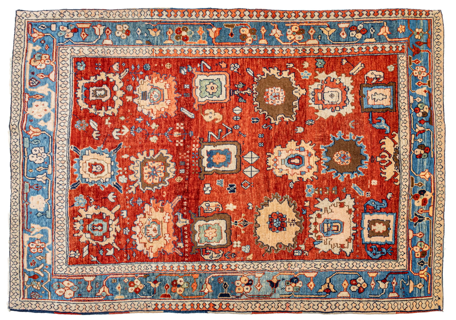 Woven Legends (Turkish) Azeri Handwoven Wool Rug, 1980s, W 5' 4" L 7' 4": Woven Legends (Turkish) Azeri Handwoven Wool Rug, 1980s, W 5' 4" L 7' 4" Handwoven wool with all natural dyes. Deep red field with floral rosette medallions and geometric accents. Blue outer border wi