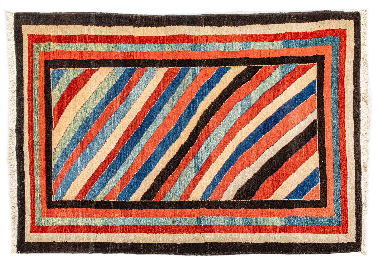 Woven Legends (Turkish) Handwoven Wool Rug, Ca. 1980s, W 4' 10" L 6' 9": Woven Legends (Turkish) Handwoven Wool Rug, Ca. 1980s, W 4' 10" L 6' 9" Handwoven wool with all natural dyes. Having bold striped patterns in red, blue, black, beige and grey. Provenance: Property fro