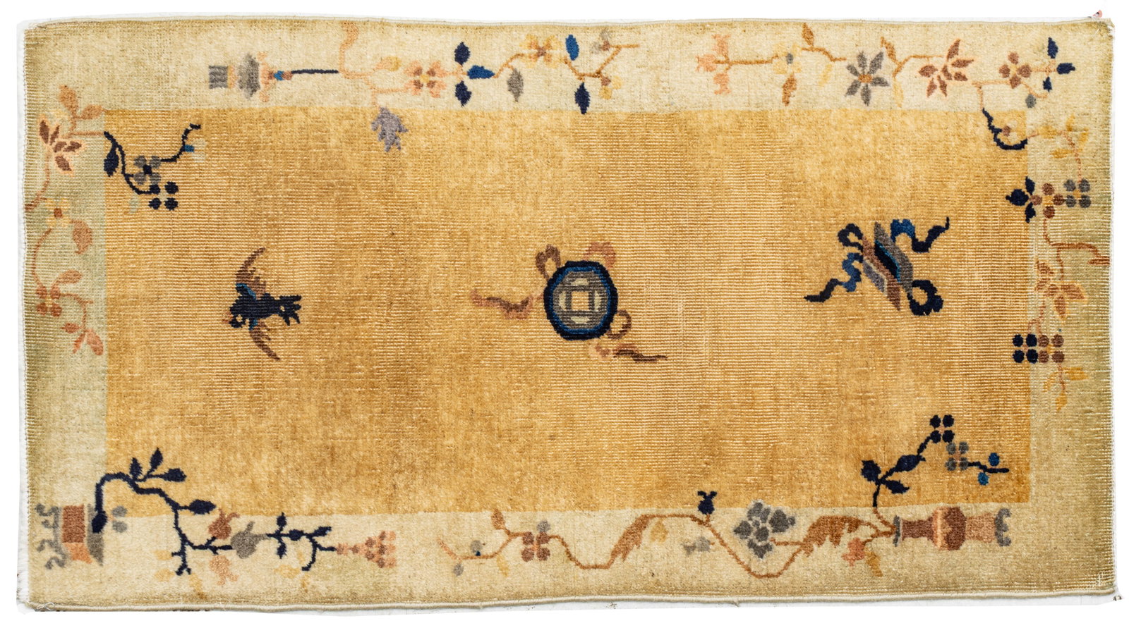 Chinese Art Deco Handwoven Wool Rug, 1920s, W 2' 7" L 4' 9": Chinese Art Deco Handwoven Wool Rug, 1920s, W 2' 7" L 4' 9" Having a pleasant golden beige field with a central flaming pearl medallion flank by a songbird and book. Outer border decorated with scroll