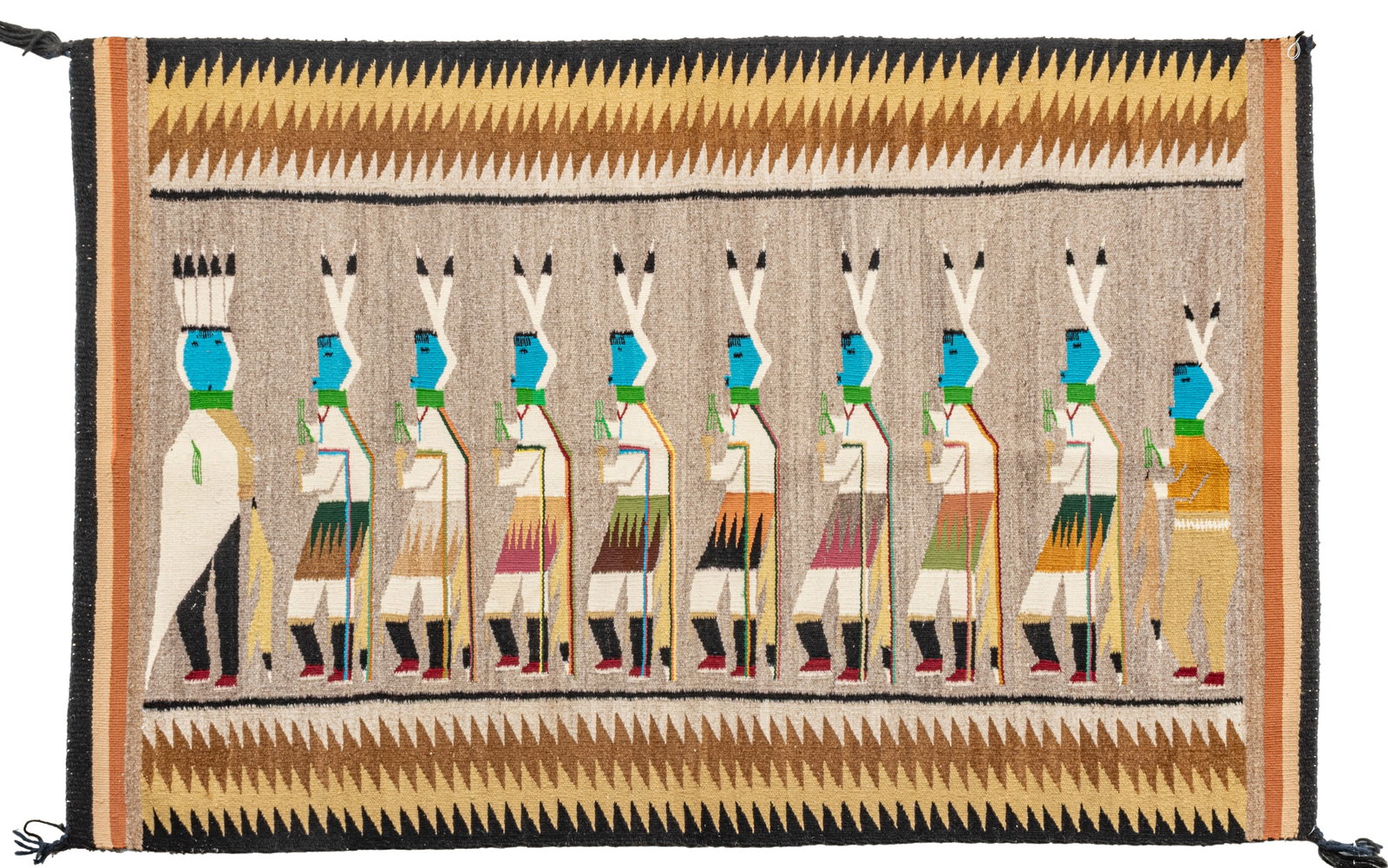 Native American Wool Textile W 2' 10" L 4' 3": Native American Wool Textile W 2' 10" L 4' 3" depicting Navajo Yei'bichai Ceremonial Dancers Dimensions: W 2'10" L 4'3"