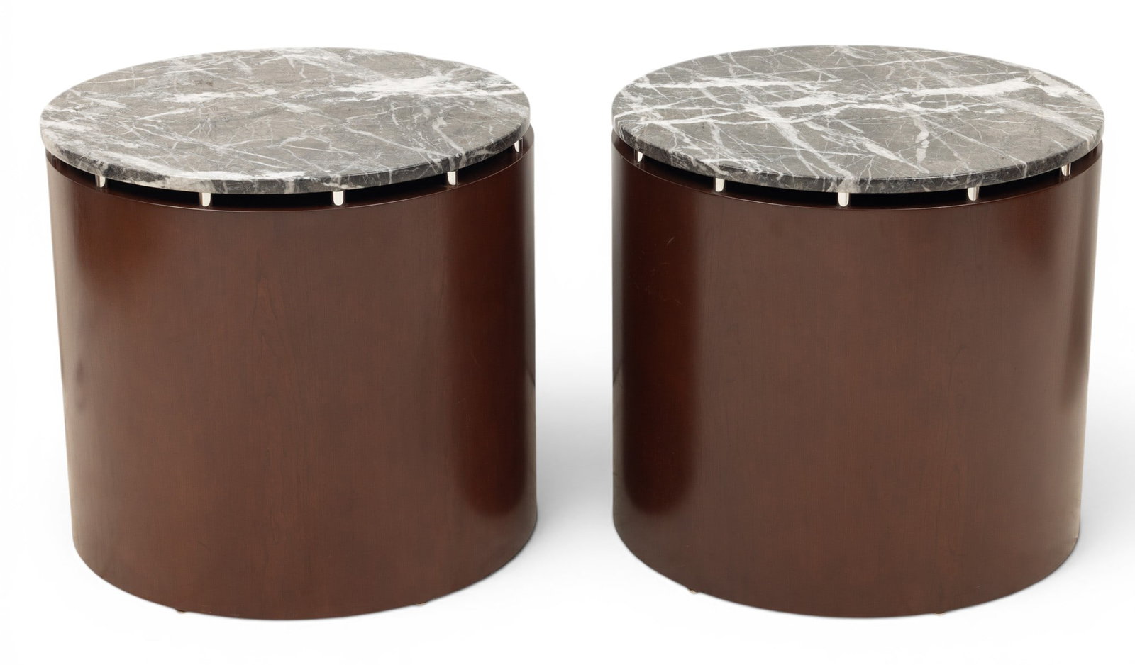 Marble Top and Wood Drum Tables, Ca. 20th C., H 23" Dia. 24.5" 1 PAIR: Marble Top and Wood Drum Tables, Ca. 20th C., H 23" Dia. 24.5" 1 PAIR Having marble tops above chrome rod supports over wooden bases. Provenance: Property from a Pleasant Ridge, MI private colle