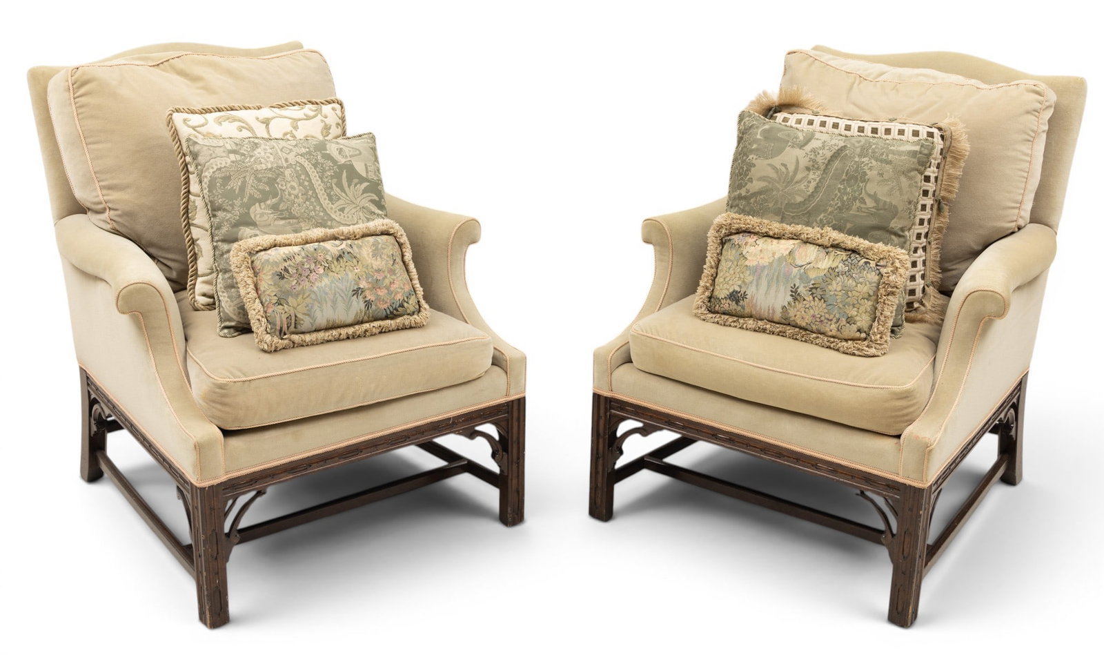Chinese Chippendale Style Upholstered Armchairs, Ca. 20th C., H 36" W 31.5" Depth 28" 1 PAIR: Chinese Chippendale Style Upholstered Armchairs, Ca. 20th C., H 36" W 31.5" Depth 28" 1 PAIR Camel backs and scrolling arms. Upholstered in a pale green velvet fabric, carved base with h-form stretche