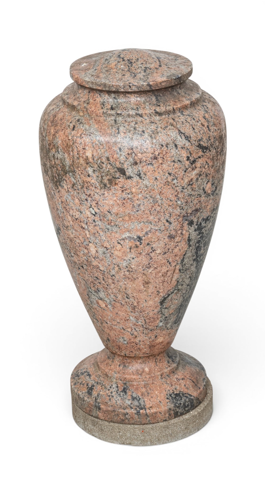Italian Carved Marble Garden Urn, H 29" Dia. 13.5": Italian Carved Marble Garden Urn, H 29" Dia. 13.5" Solid carved marble garden urn in a teardrop shape with stepped base. Marble in tones of peach, black and grey. Provenance: From the Collection