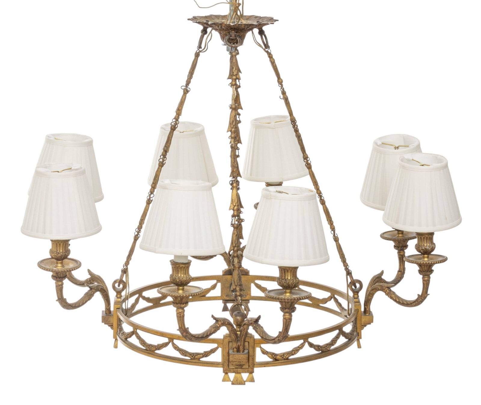 French Louis XVI Style Bronze Eight Light Chandelier, H 21" Dia. 27": French Louis XVI Style Bronze Eight Light Chandelier, H 21" Dia. 27" Electrified. Suspended by four cascading bellflower chains supporting a berry and leaf swag frame. Eight acanthus leaf arms holding