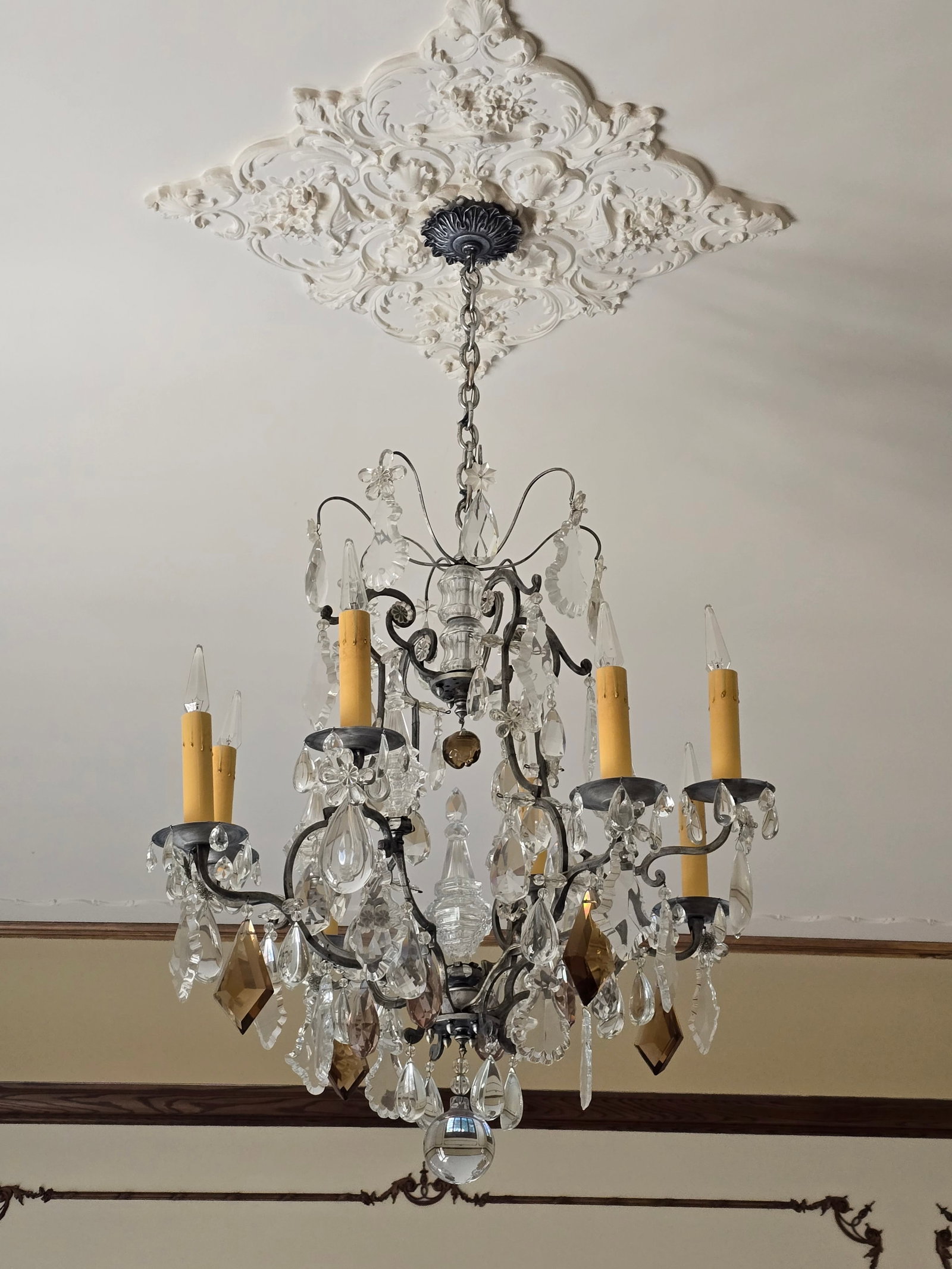French Louis XV Style Iron and Crystal Eight Light Chandelier, 1900, H 32" Dia. 29" (1 of 2)