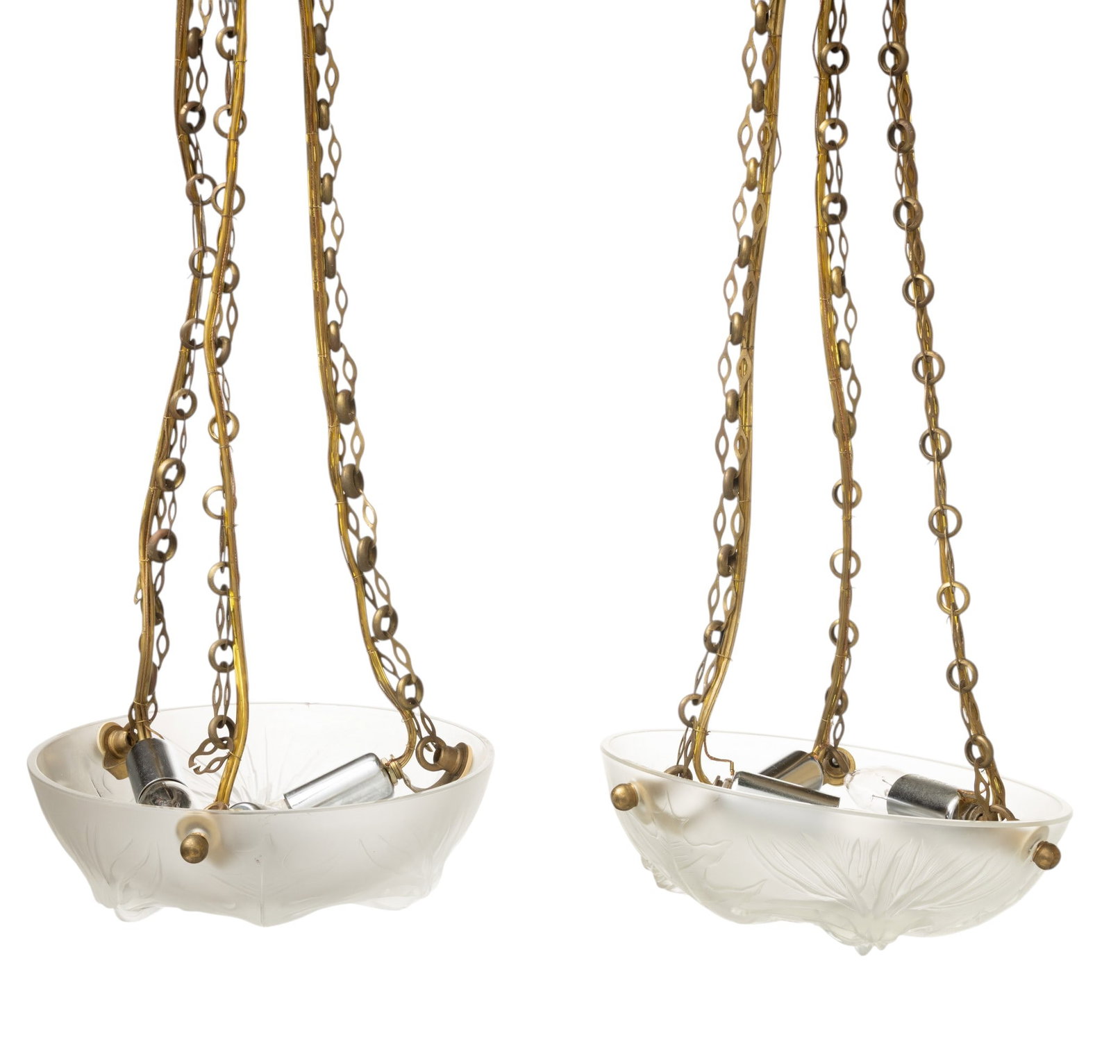 Verlys (France) Glass Round Ceiling Globes, Signed Depth 3" Dia. 9" 2 PCS: Verlys (France) Glass Round Ceiling Globes, Signed Depth 3" Dia. 9" 2 PCS Signed at center area. 16" chain Each light has three light bulbs. From a home on Lone Pine Road, Bloomfield Hills. 