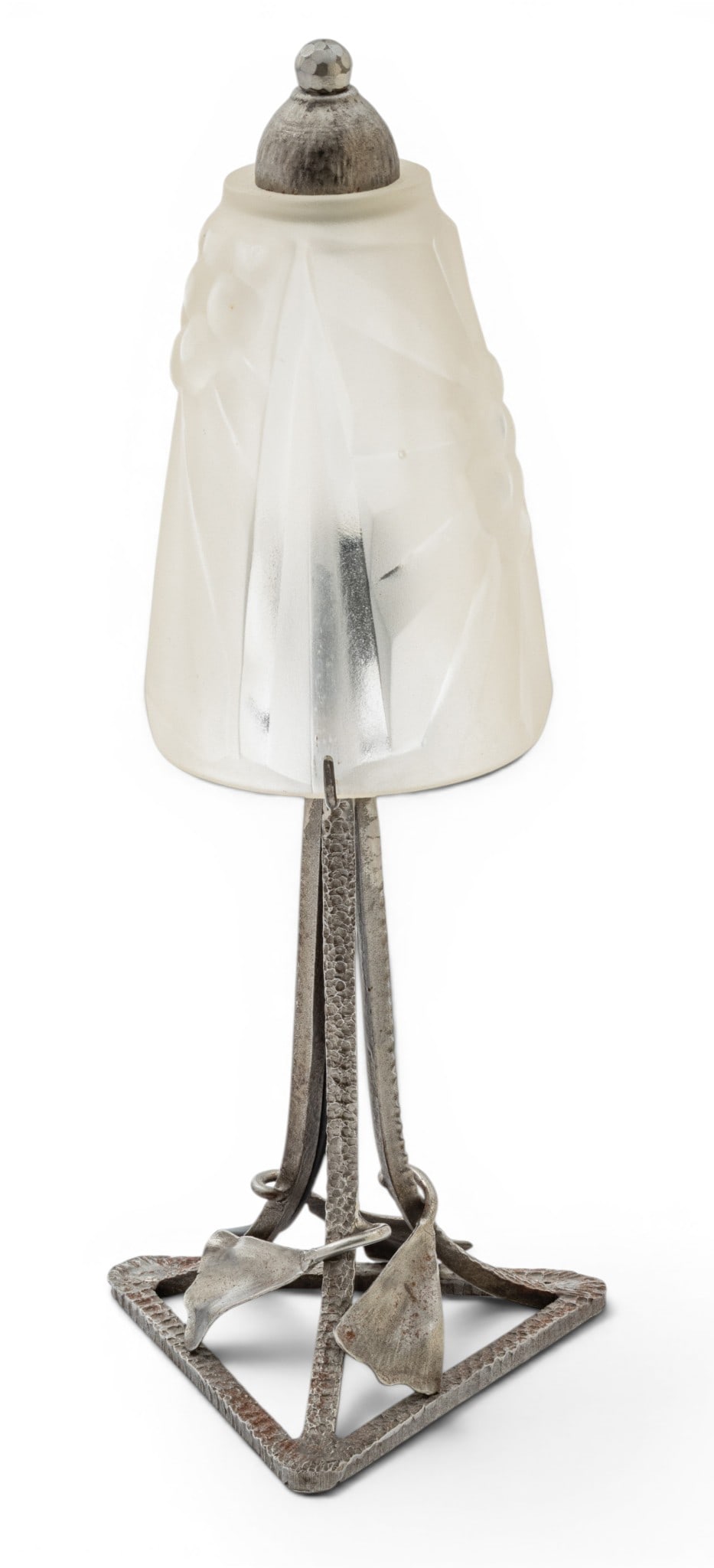 French Art Deco Frosted Glass and Wrought Iron Boudoir Lamp, H 14.5" Dia. 5.5": French Art Deco Frosted Glass and Wrought Iron Boudoir Lamp, H 14.5" Dia. 5.5" Unsigned. Molded frosted glass shade with radiating flower designs. Wrought iron base having leaf accents. Wired with a s