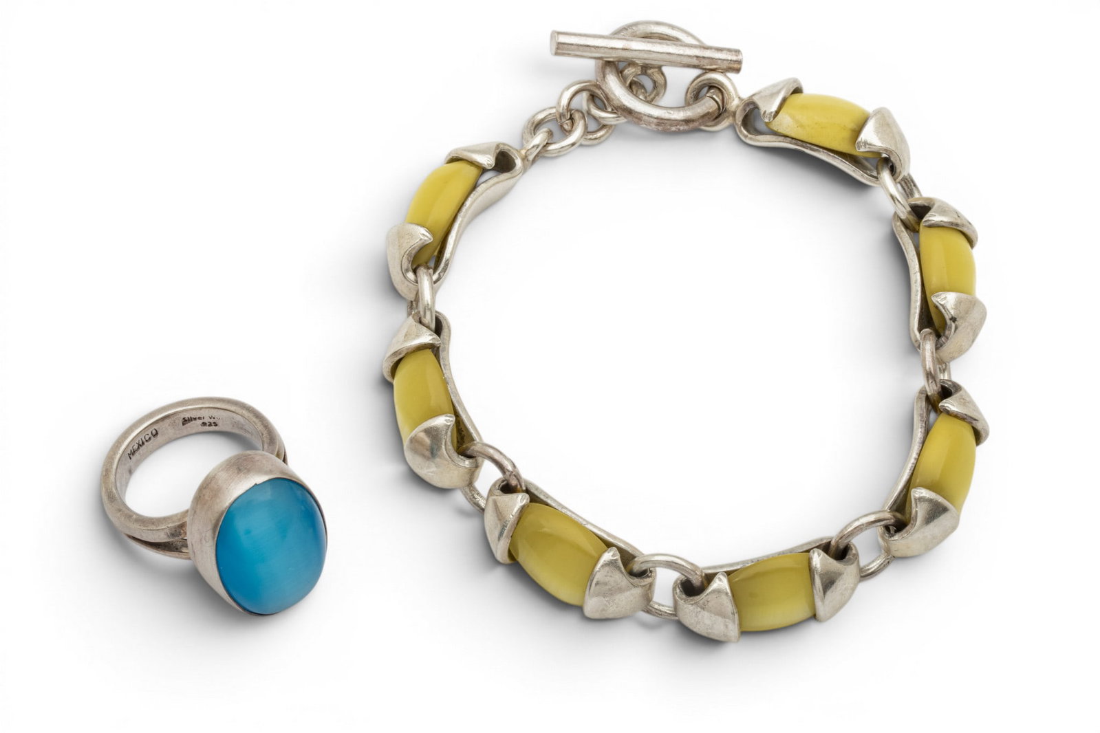 Taxco Mexico Yellow Cat's Eye Link Bracelet + Blue Cat's Eye Ring L 7" 50 grams 2 PCS (1 of 9)