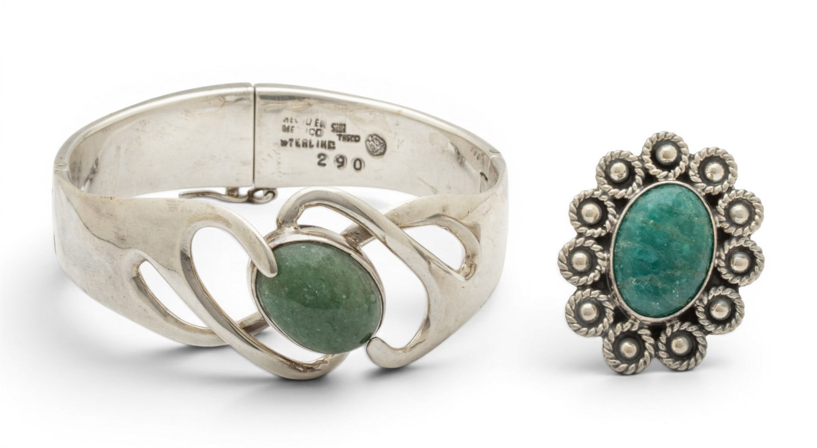 Taxco Mexico Sterling Silver Hinged Bracelet with Turquoise + Ring 1960, W 2.5" 78 grams 2 PCS: Taxco Mexico Sterling Silver Hinged Bracelet with Turquoise + Ring 1960, W 2.5" 78 grams 2 PCS Finely made bracelet with cabochon green turquoise. Also oval green turquoise stone in sterling silver ri