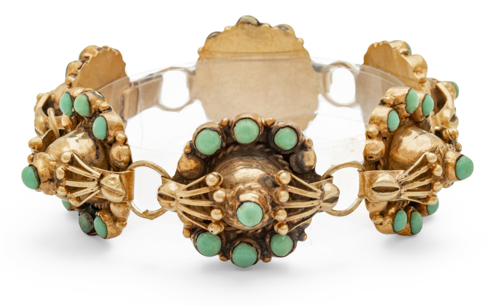 Mexico Sterling Silver Link Bracelet with Green Turquoise Beads 1940, L 6.5" 27 grams 1 PC: Mexico Sterling Silver Link Bracelet with Green Turquoise Beads 1940, L 6.5" 27 grams 1 PC Impressed Mexico and 925. Provenance: Property from a Traverse City, MI private collector Dimensions: L 6.5" 