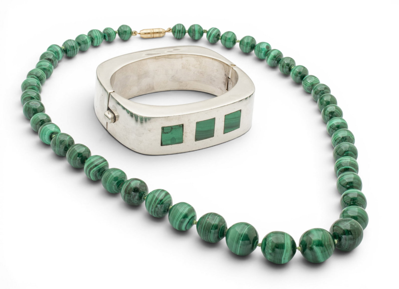 Sterling Silver Bangle Bracelet, Hinged & Inset with Malachite + Malachite Beads, W 2.9" L 20" 108 (1 of 6)