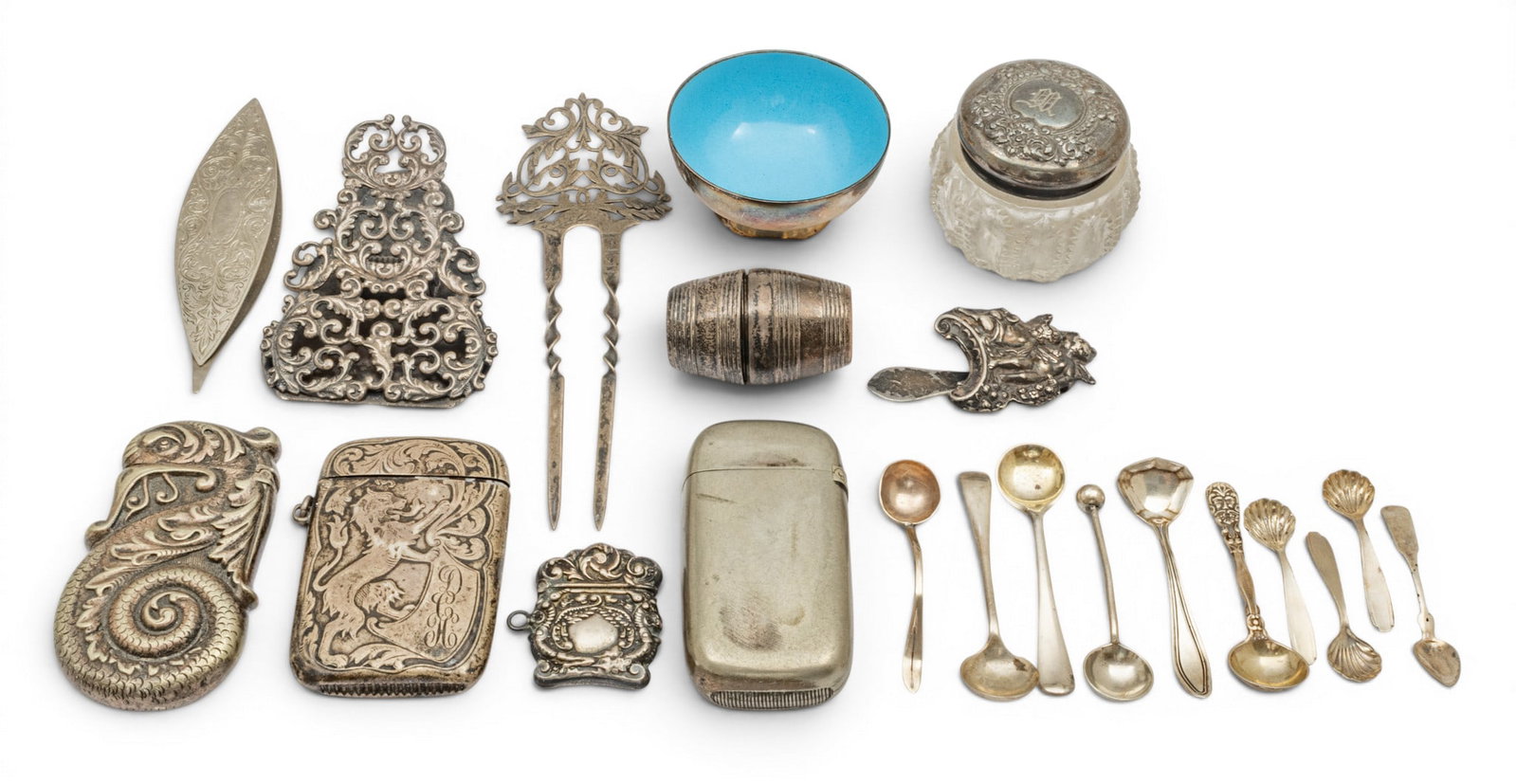 18th C Vinaigrette, Sterling and Plate Match Holders (3) Assorted Silver Objects 20 PCS: 18th C Vinaigrette, Sterling and Plate Match Holders (3) Assorted Silver Objects 20 PCS Barrel shape vinaigrette H 1.5". Three match holders. Paper clip. Fancy hair comb. Page clip. Charm match holder