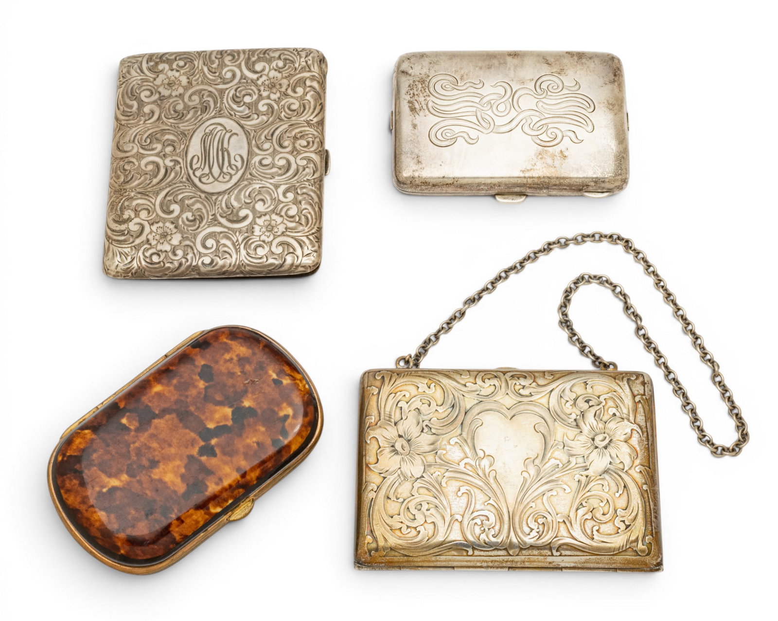 Sterling Silver Purses and Photo Case + Another 4 PCS: Sterling Silver Purses and Photo Case + Another 4 PCS Sterling purse with chain 2.2X 3.2" engraved Alma. Sterling makeup case monogram "MSM" 3 x 2". Sterling photo case 3.2 x 2.7". "MK". Tortoise - li