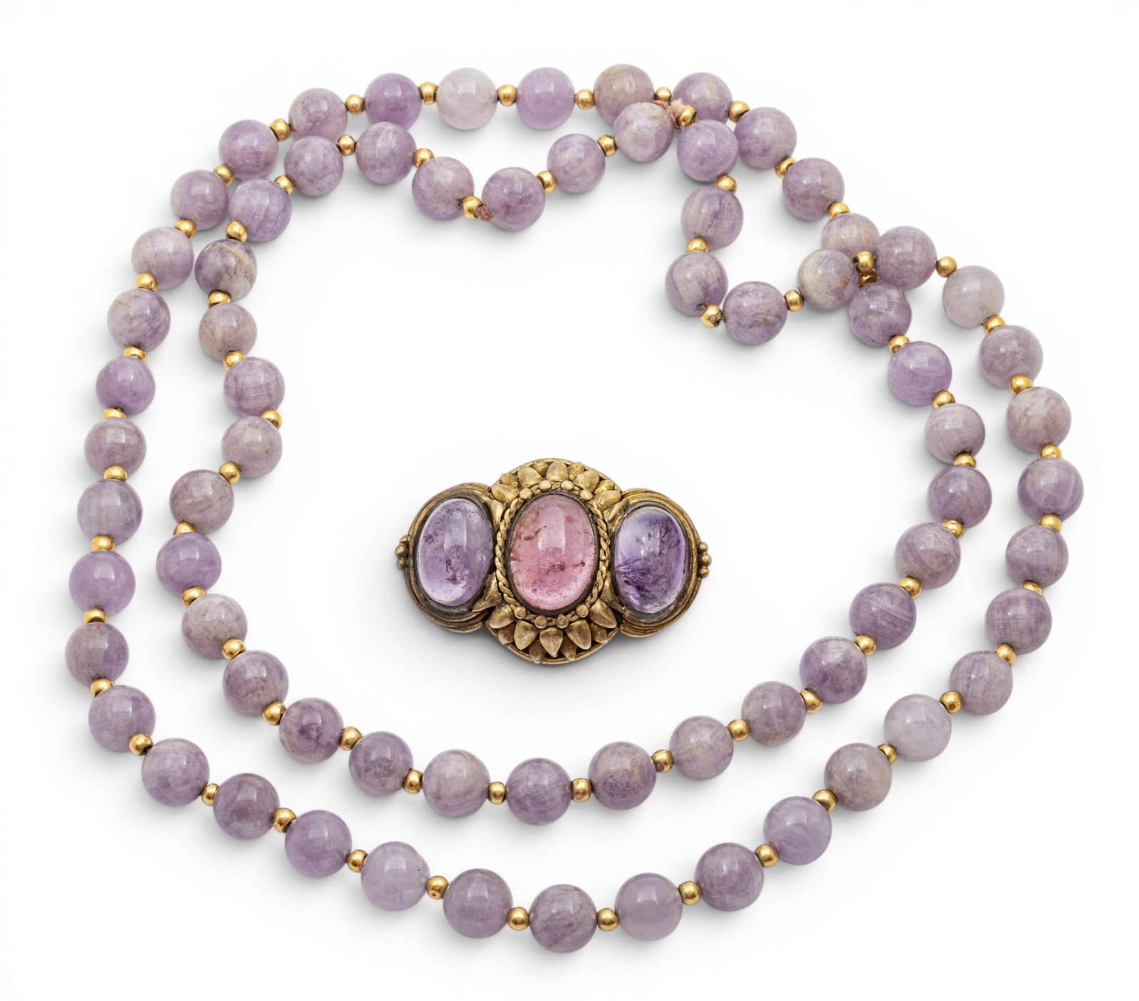 Amethyst Quartz Bead Necklace and Tourmaline Brooch L 28" 2 PCS: Amethyst Quartz Bead Necklace and Tourmaline Brooch L 28" 2 PCS Amethyst quartz beads necklace 28" with gold spacers 52 grams. Plus brooch with three amethyst quartz cabochons L 1.5, setting of gold a