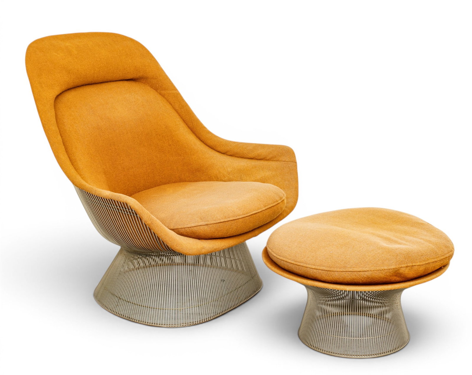 Warren Platner (American, 1919-2006) for Knoll Easy Chair and Ottoman, Ca. 1961-1970, 2 PCS: Warren Platner (American, 1919-2006) for Knoll Easy Chair and Ottoman, Ca. 1961-1970, 2 PCS Upholstered easy chair and ottoman with steel rod base. Original orange wool upholstery. Knoll label. D