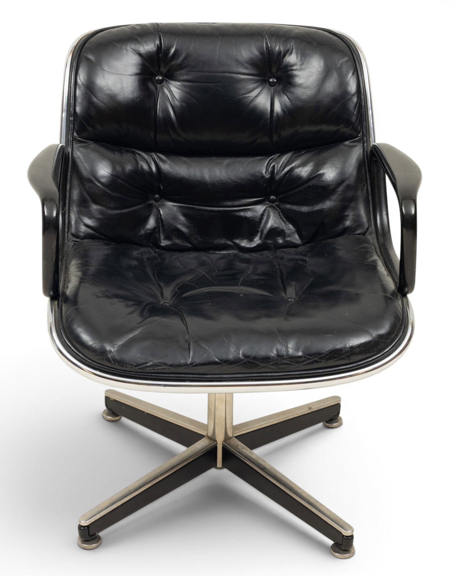 Charles Pollock for Knoll Black Leather Executive Chair, Ca. 1961-1970, H 30" W 24" Depth 17": Charles Pollock for Knoll Black Leather Executive Chair, Ca. 1961-1970, H 30" W 24" Depth 17" Swivel executive chair having tufted black leather upholstery and plastic arms, supported by an alum