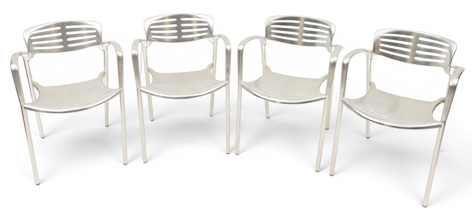 Jorge Pensi for Amat-3 (Spanish) 'Toledo Design' Cast Aluminum Armchairs, Ca. 1988, H 30.5" W 22": Jorge Pensi for Amat-3 (Spanish) 'Toledo Design' Cast Aluminum Armchairs, Ca. 1988, H 30.5" W 22" Depth 22" 4 PCS Each marked on the underside: Toledo Design, Jorge Pensi for Amat, Made in Spain, a3. 