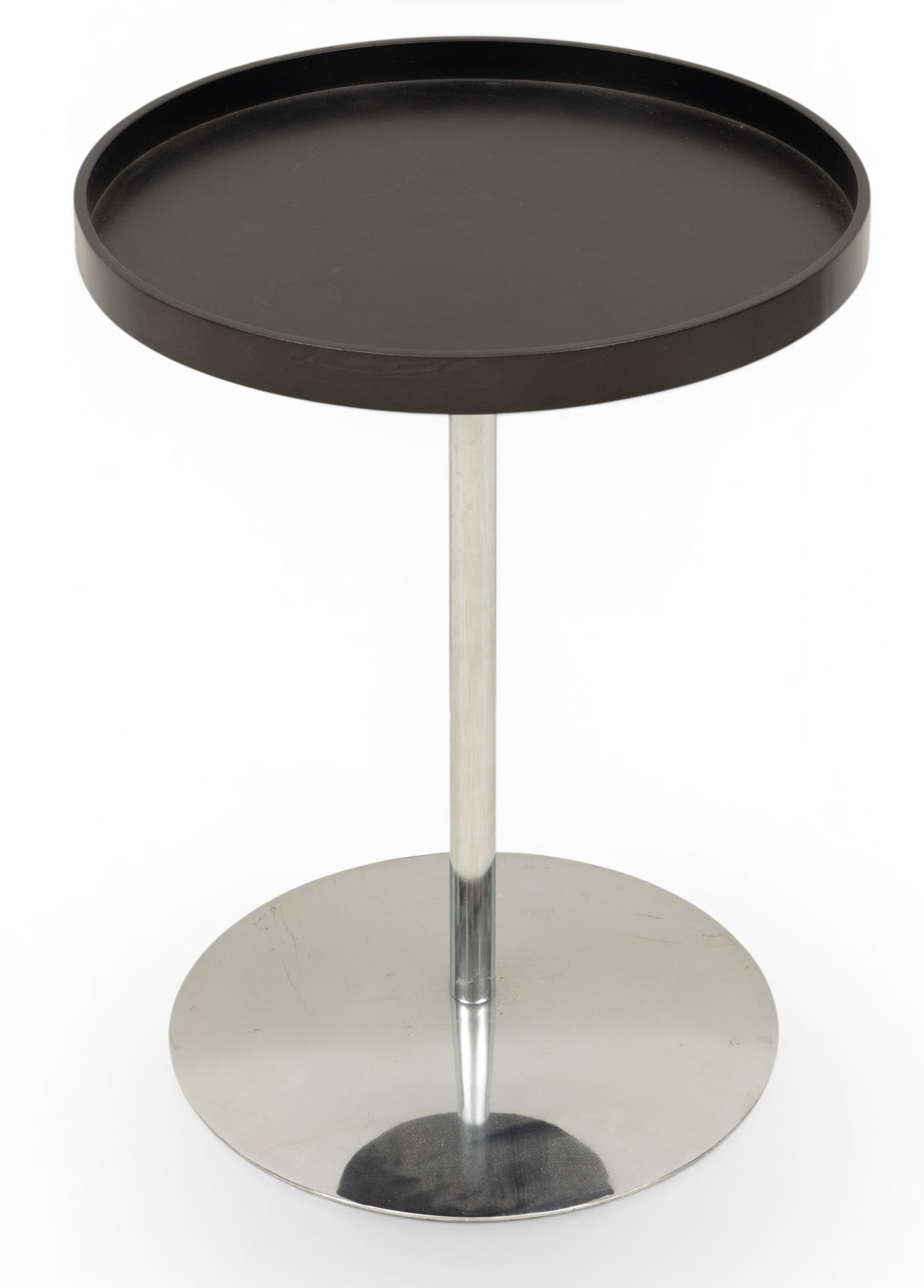Modern Tray Top Side Table, Late 20th C., H 20" Dia. 15.75": Modern Tray Top Side Table, Late 20th C., H 20" Dia. 15.75" Black painted wood non-removable tray top. Above a polished chromed steel base. No markings or labels. Dimensions: H 20" Dia 15.75"